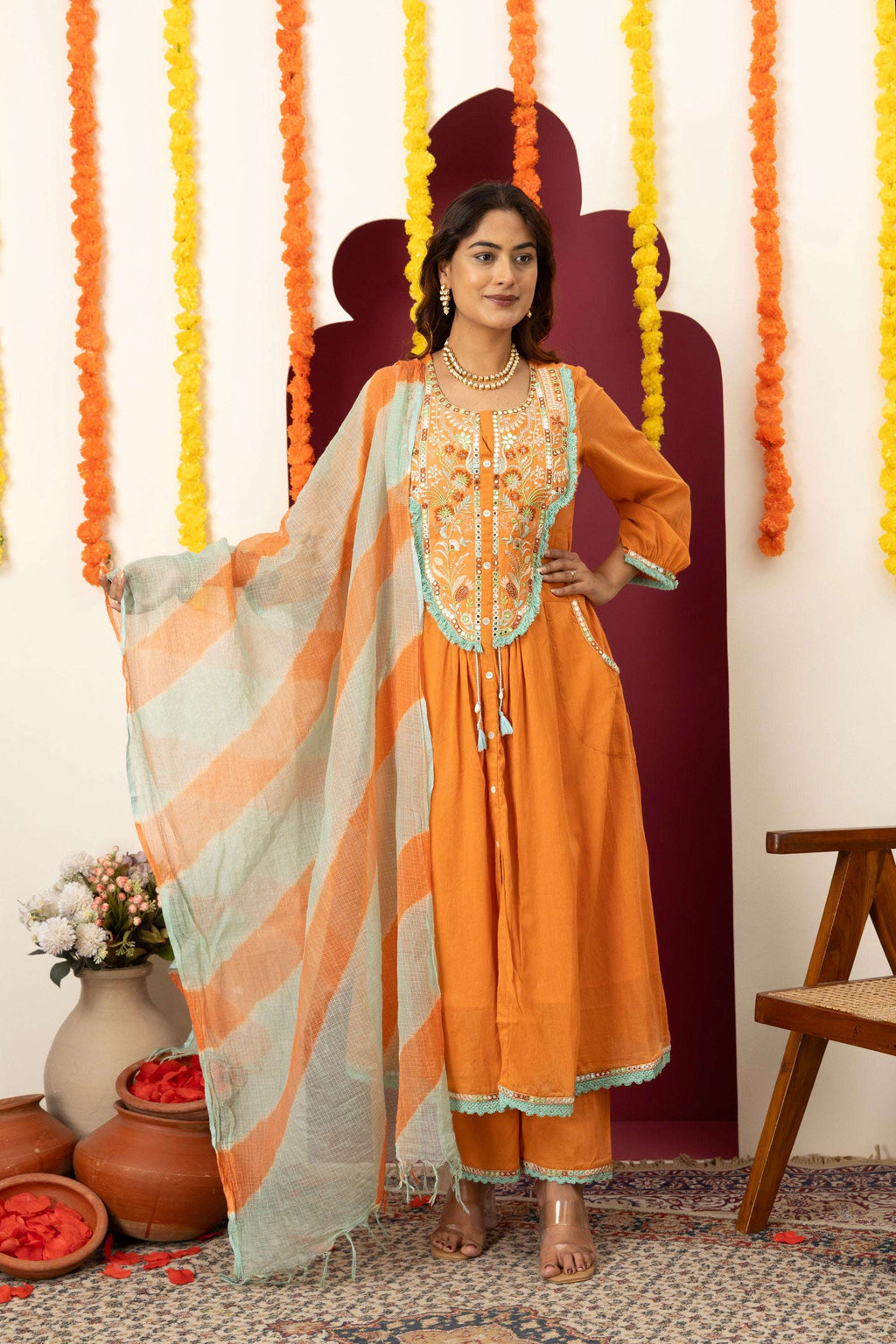 Tangerine Embroidered Suit Set