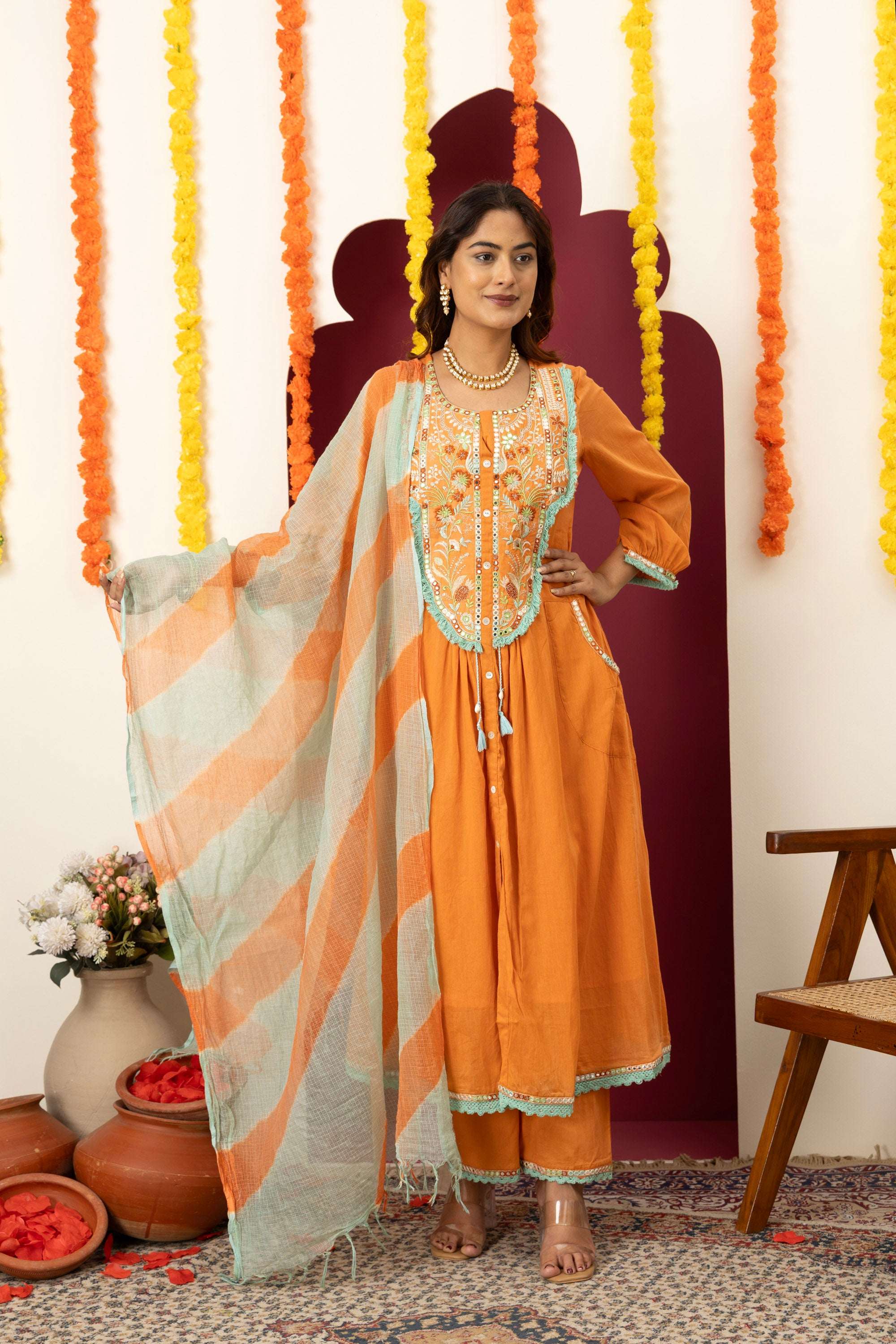 Tangerine Embroidered Suit Set