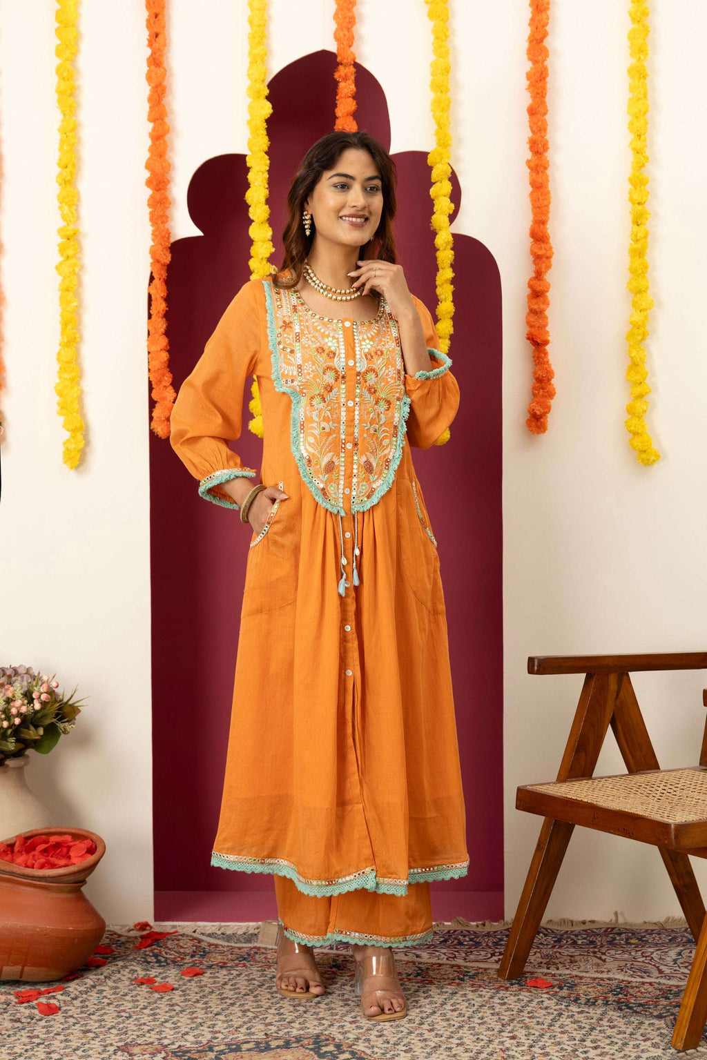 Tangerine Embroidered Suit Set