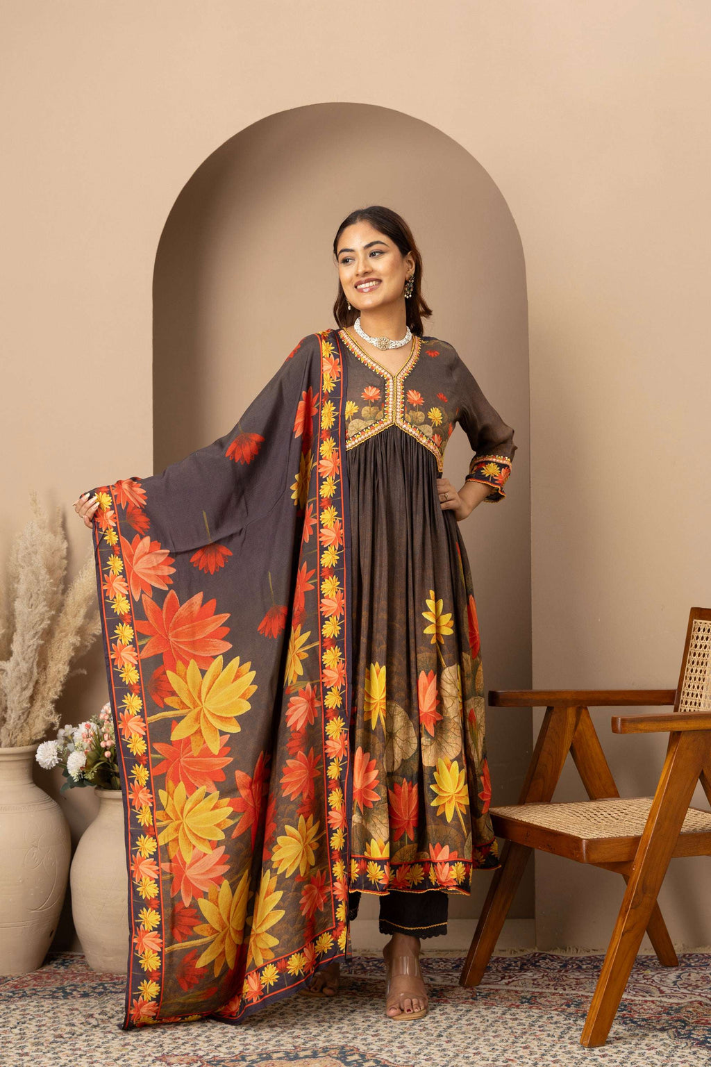 Charcoal Floral Statement Suit Set