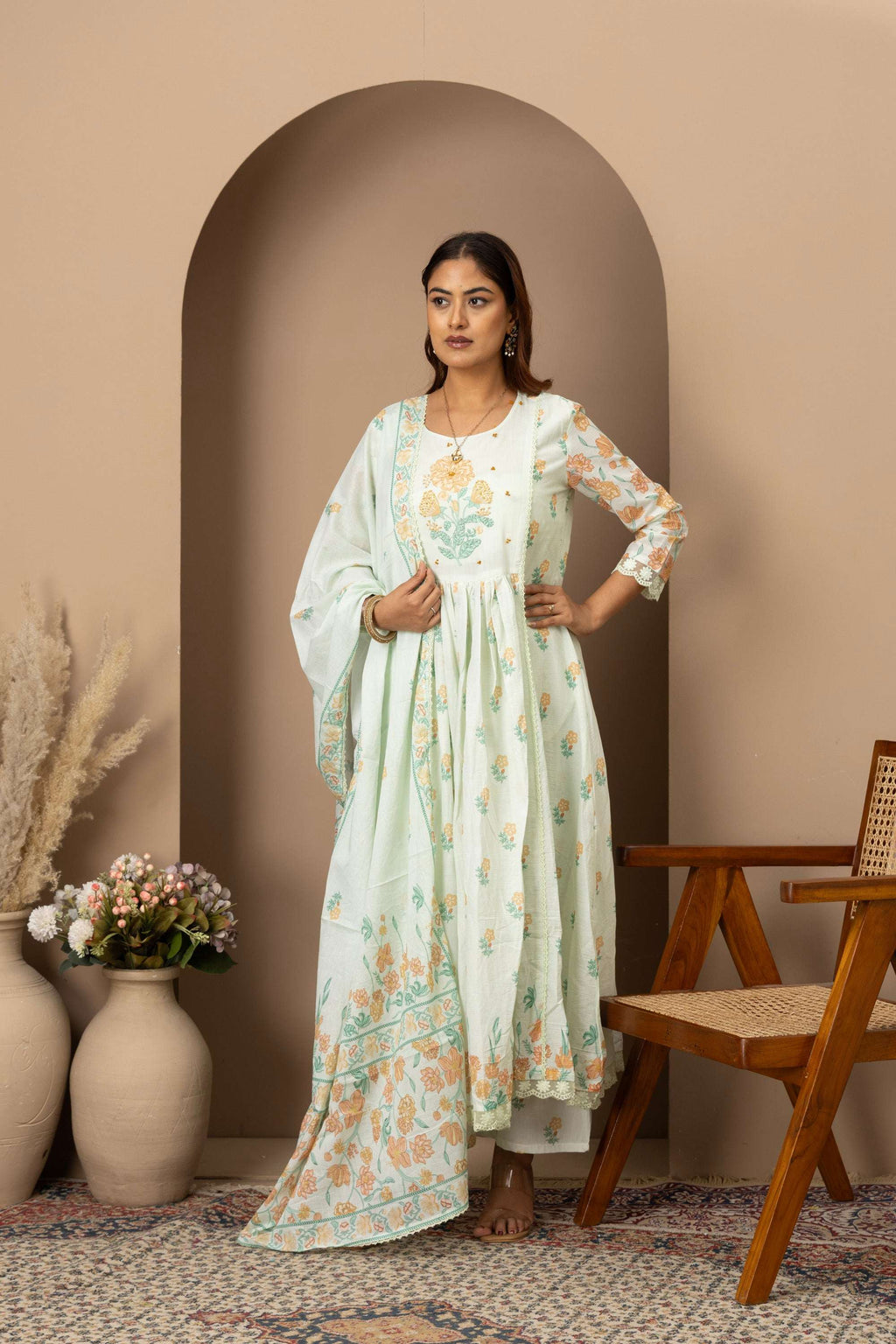 Mint Floral Embroidered Suit Set