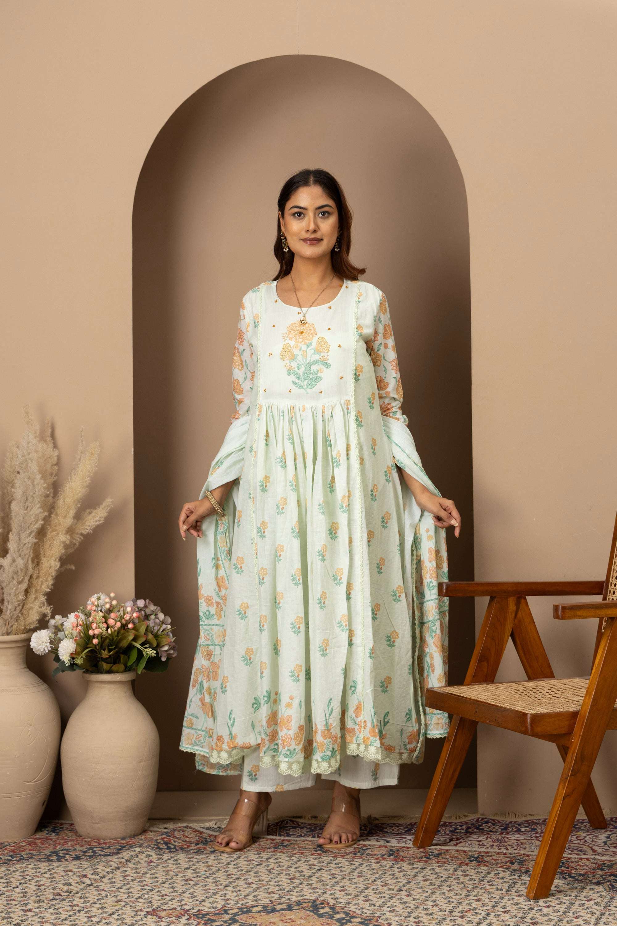 Mint Floral Embroidered Suit Set