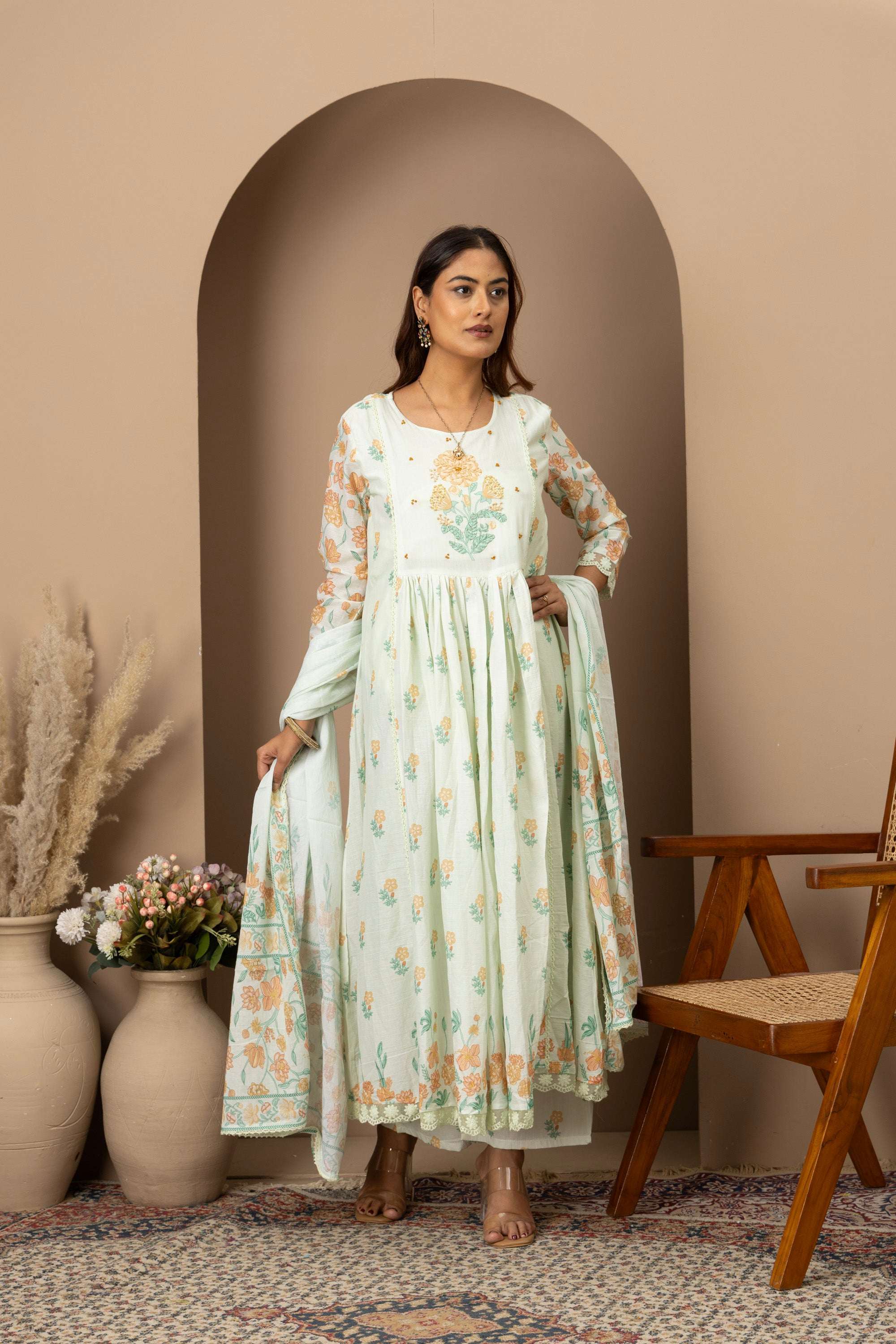 Mint Floral Embroidered Suit Set
