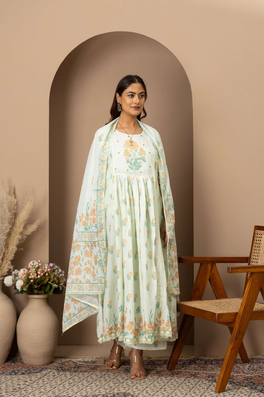 Mint Floral Embroidered Suit Set