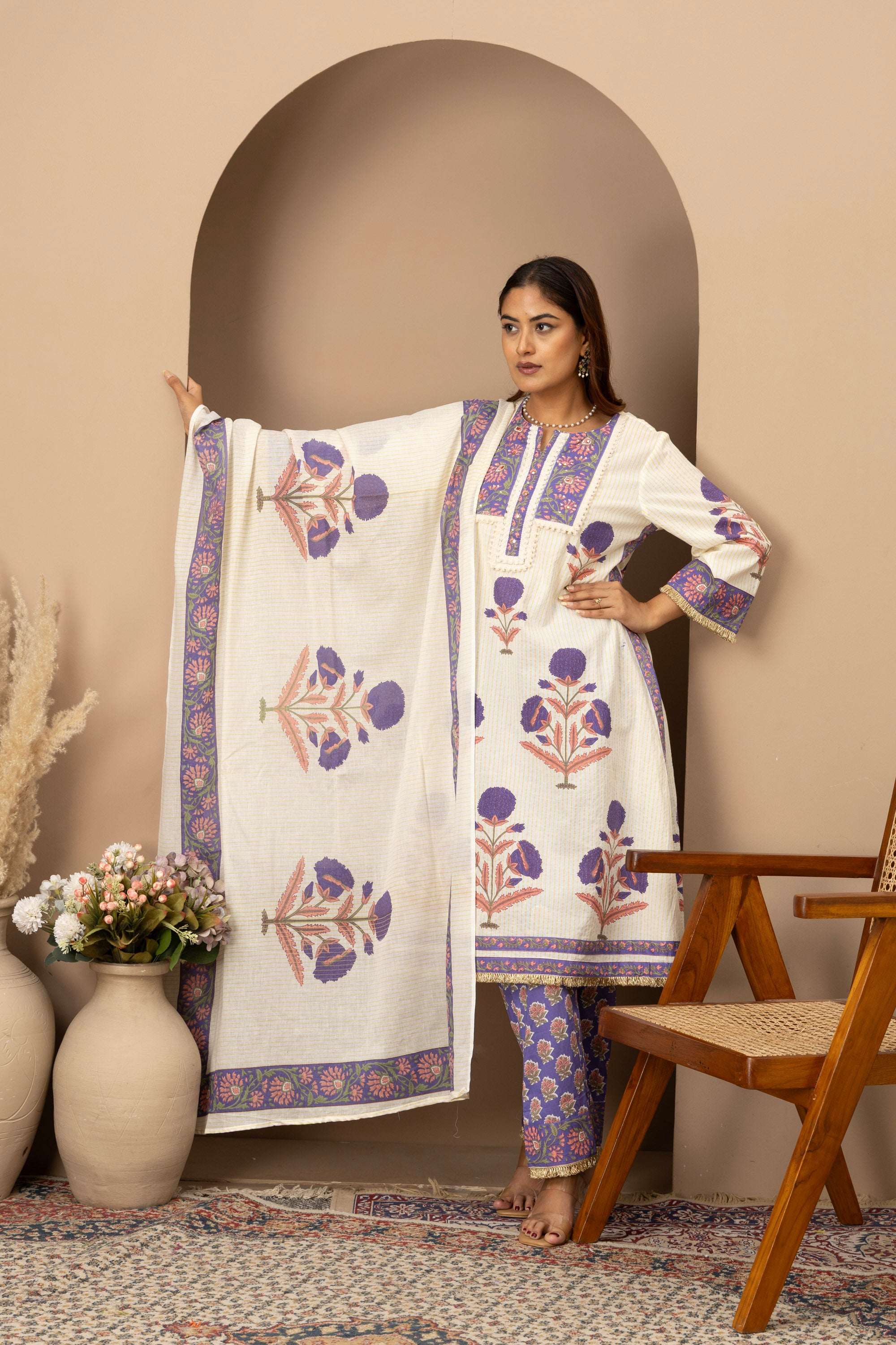 Ivory Lavender Printed Suit Set