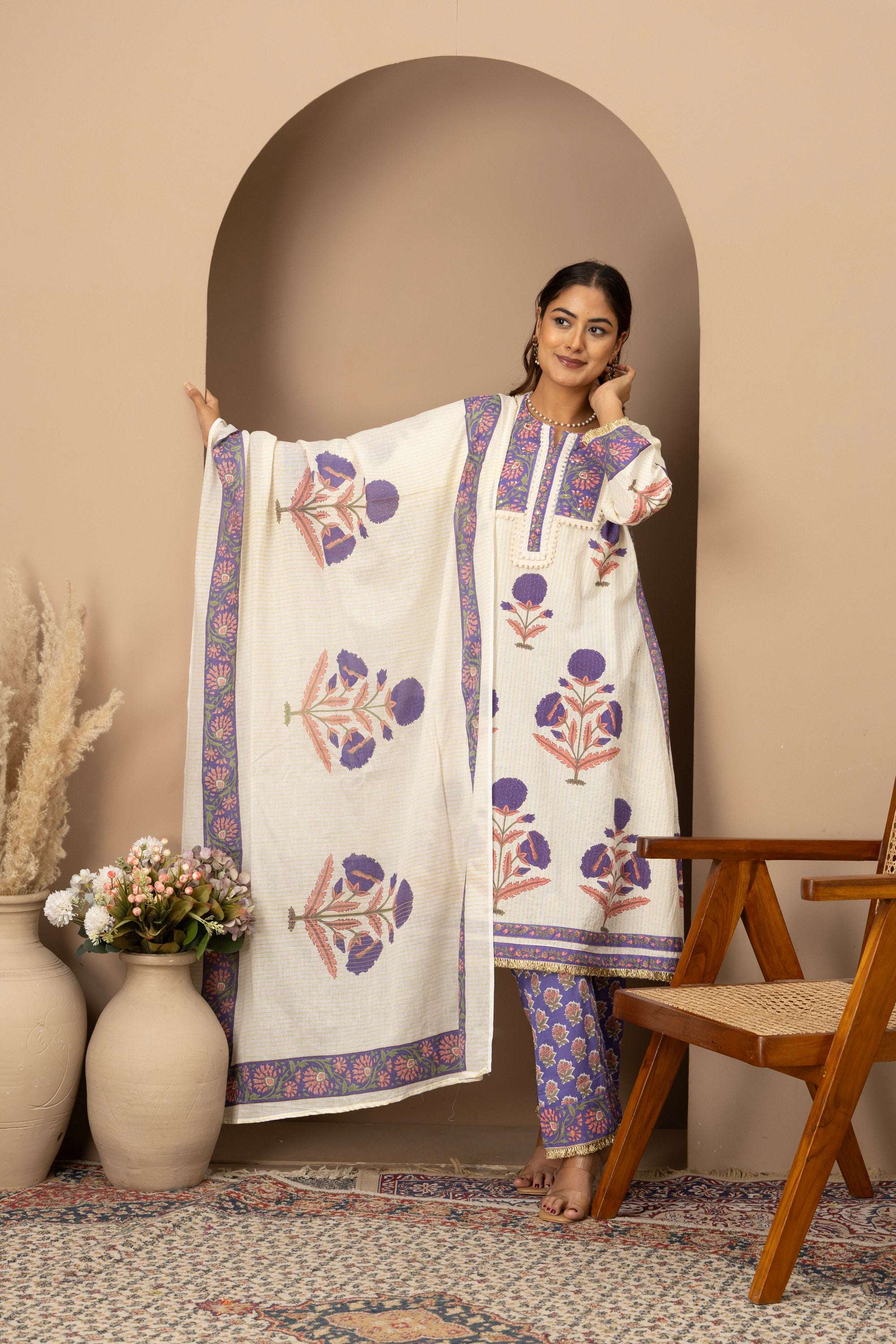 Ivory Lavender Printed Suit Set