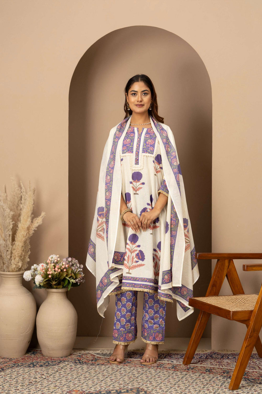 Ivory Lavender Printed Suit Set