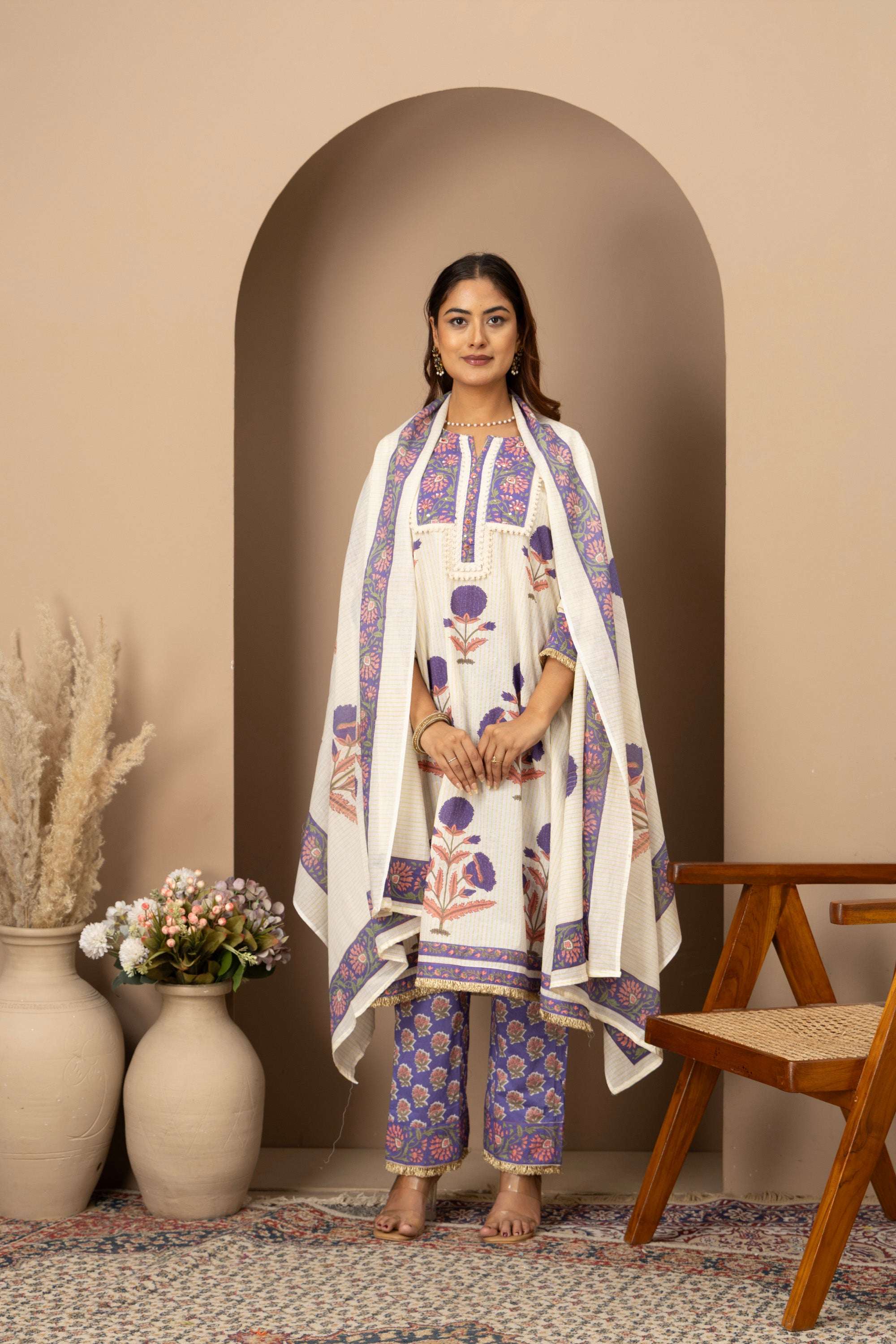 Ivory Lavender Printed Suit Set