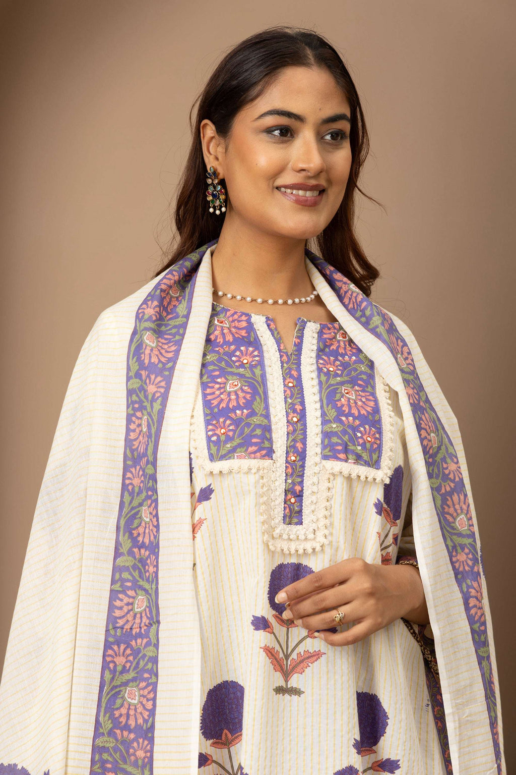 Ivory Lavender Printed Suit Set
