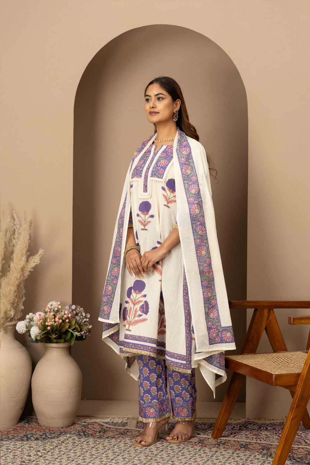 Ivory Lavender Printed Suit Set
