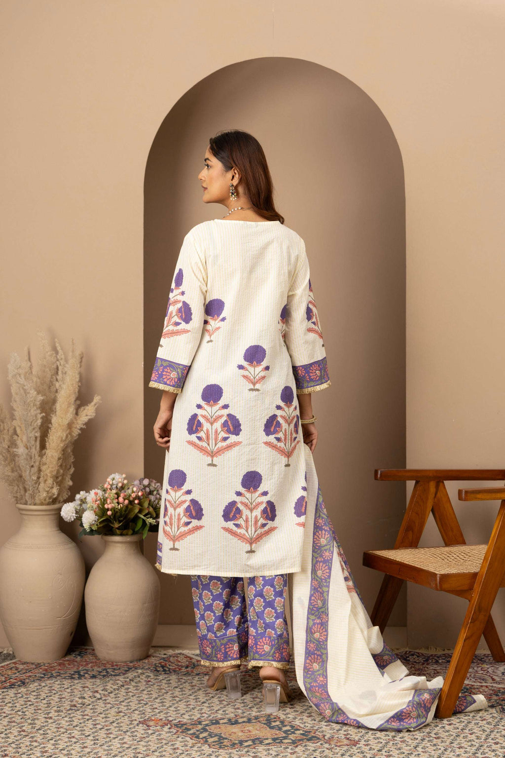 Ivory Lavender Printed Suit Set