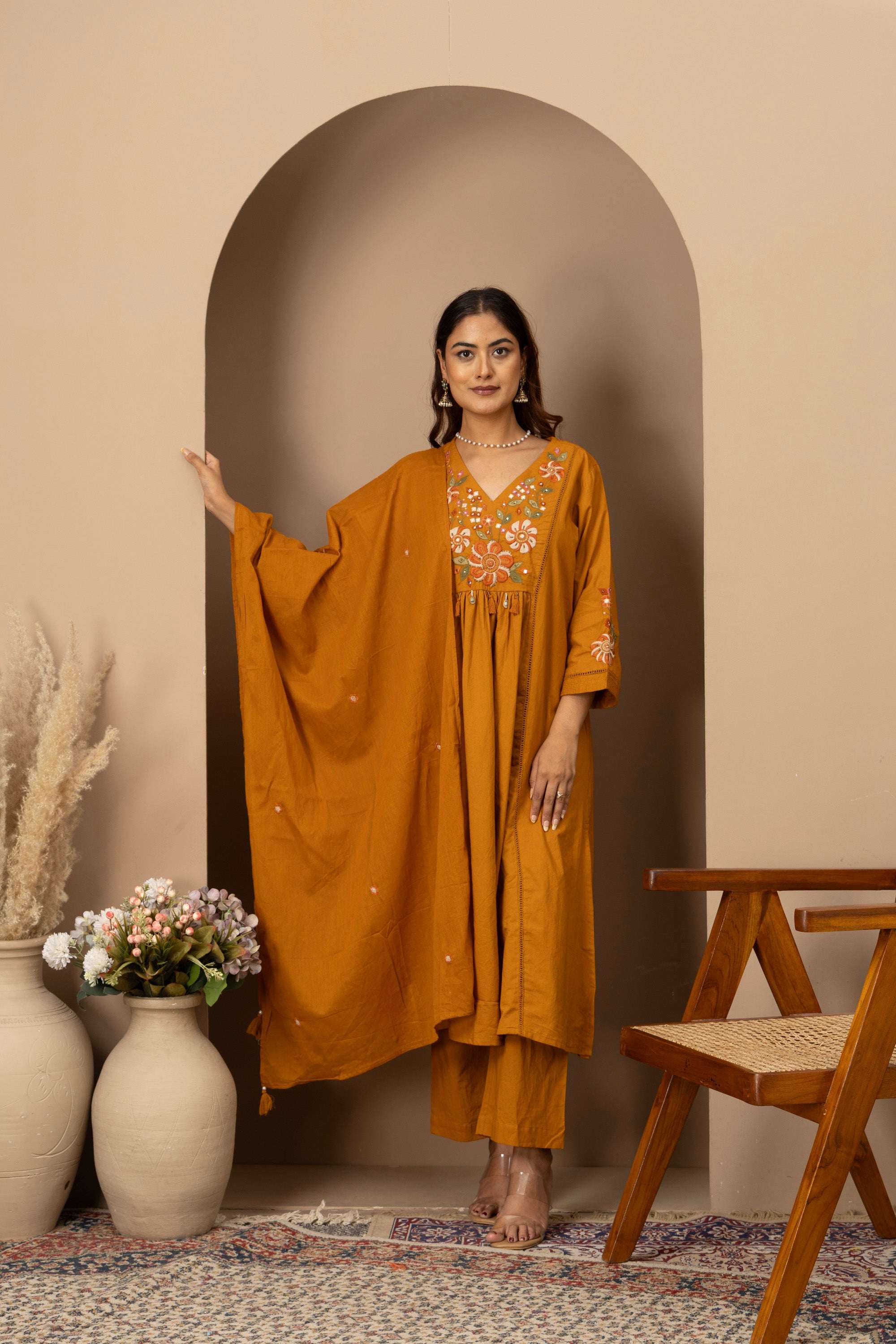 Mustard Floral Embroidered Suit Set