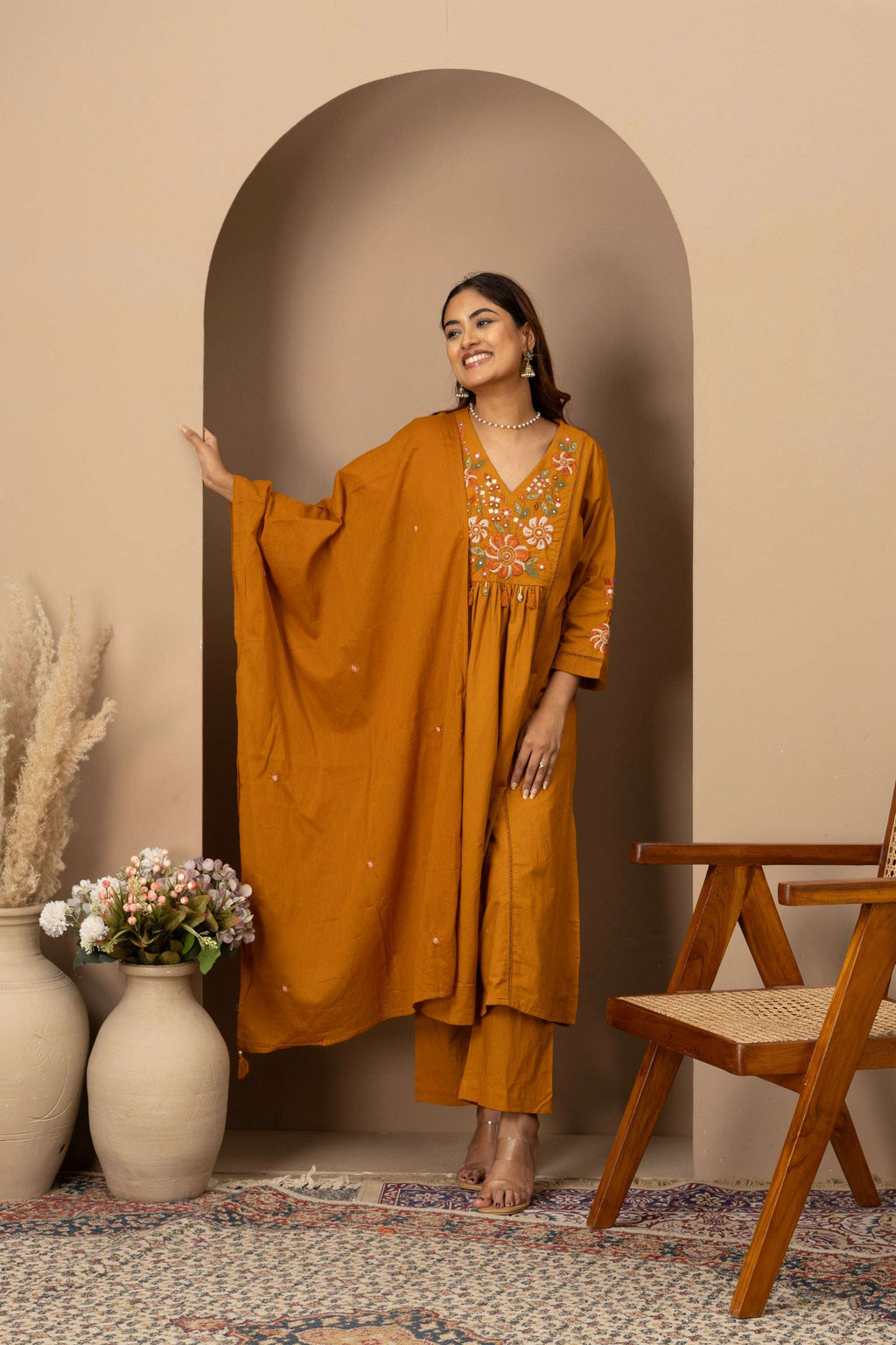 Mustard Floral Embroidered Suit Set