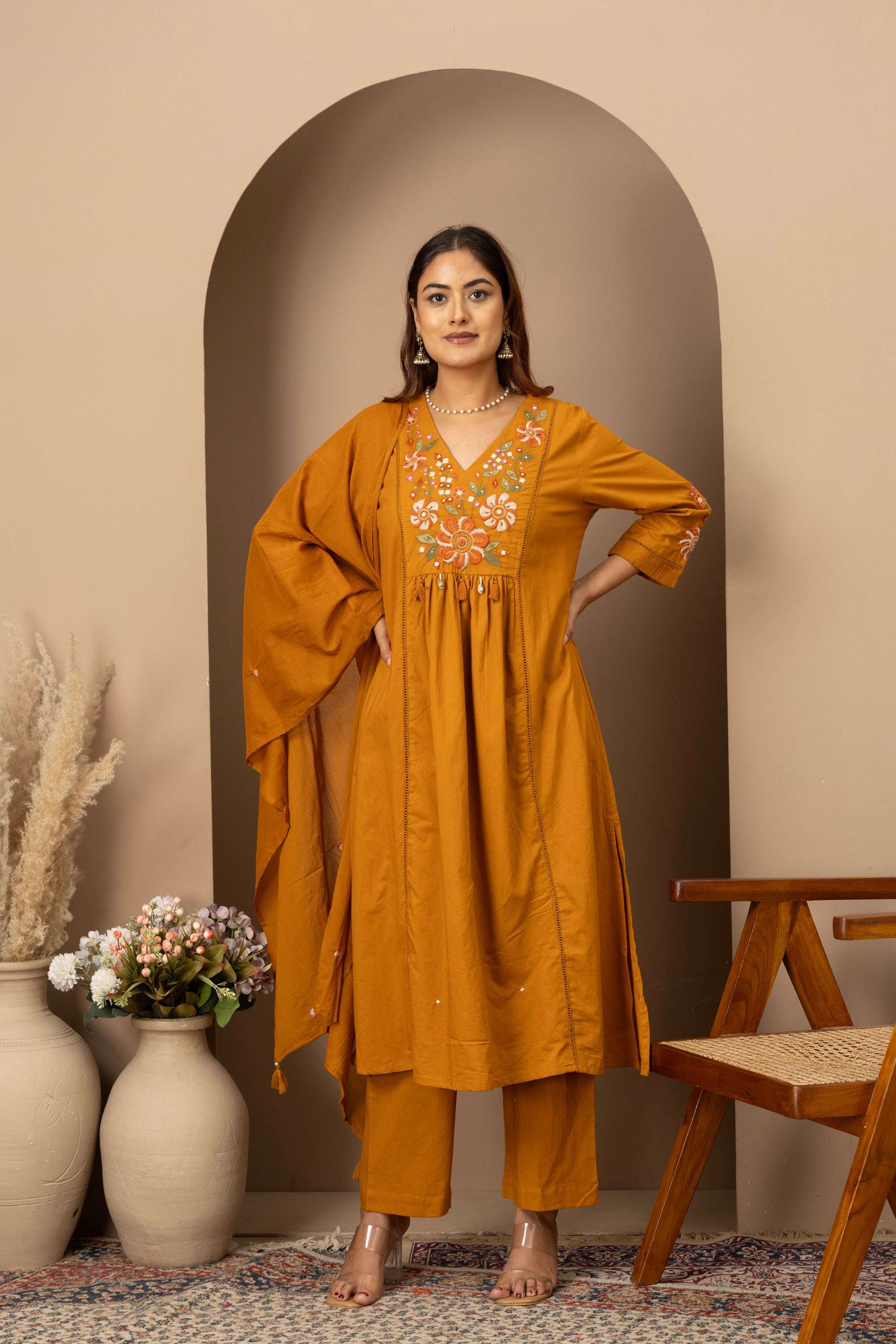 Mustard Floral Embroidered Suit Set