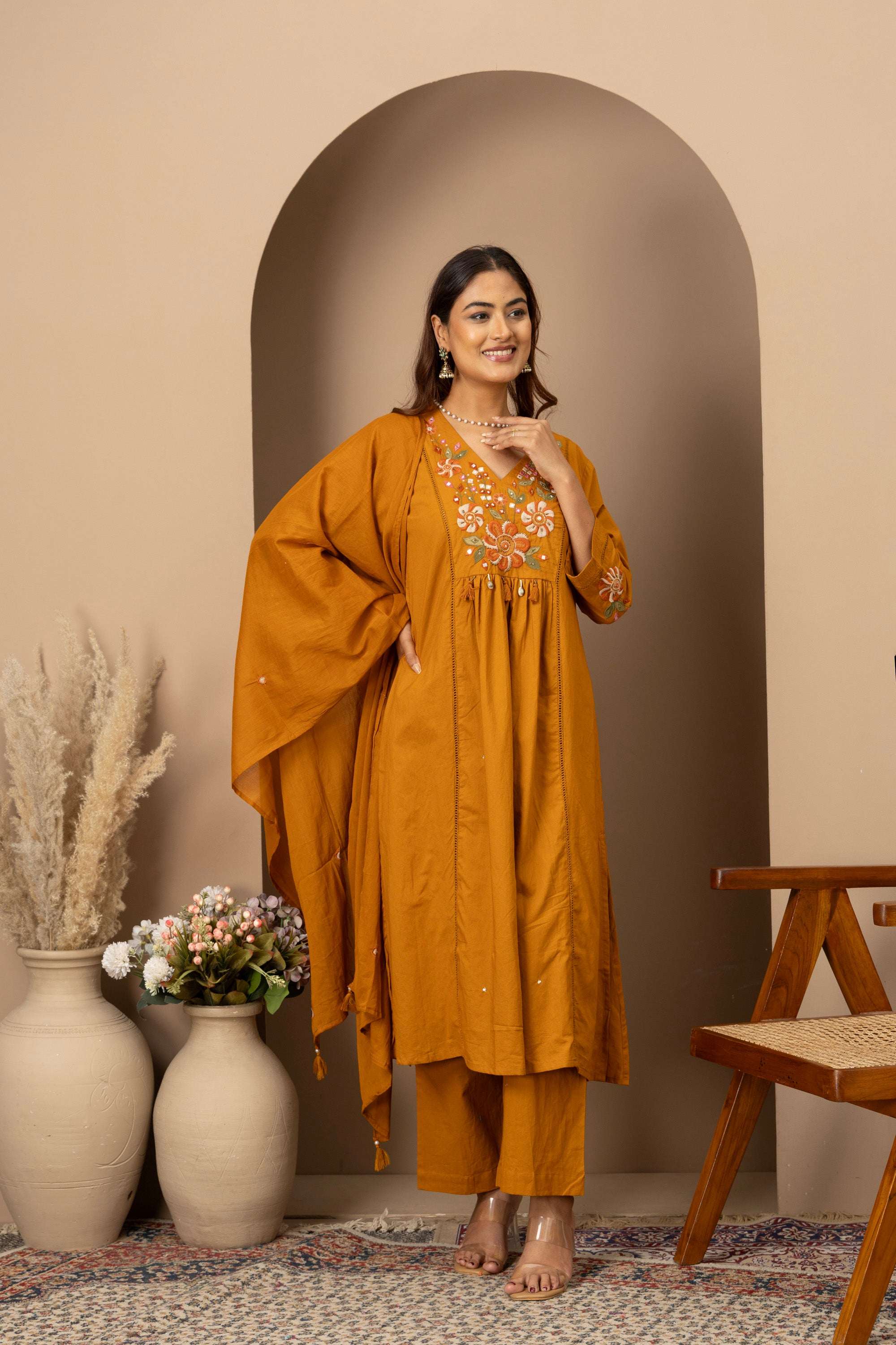 Mustard Floral Embroidered Suit Set