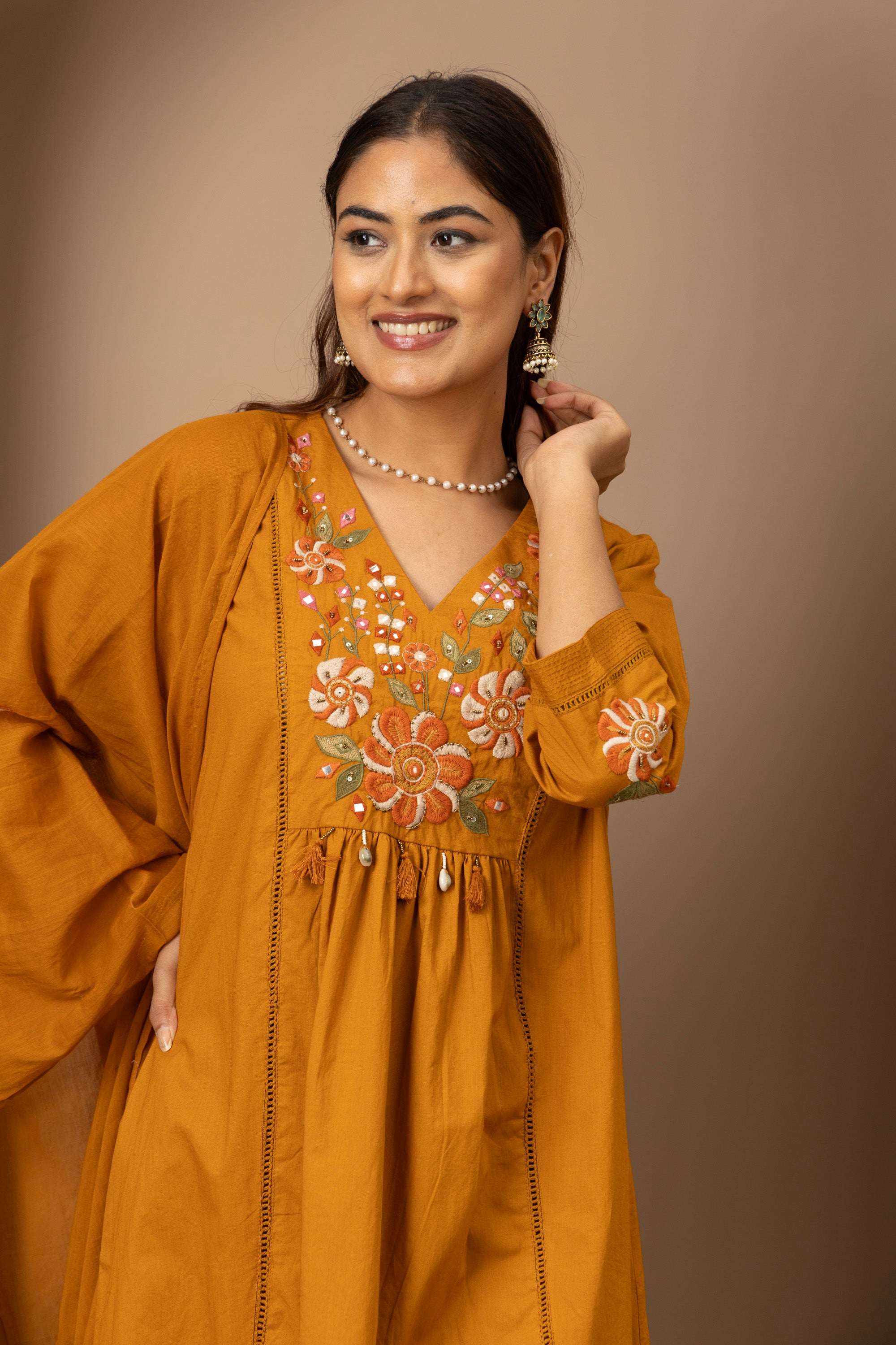 Mustard Floral Embroidered Suit Set