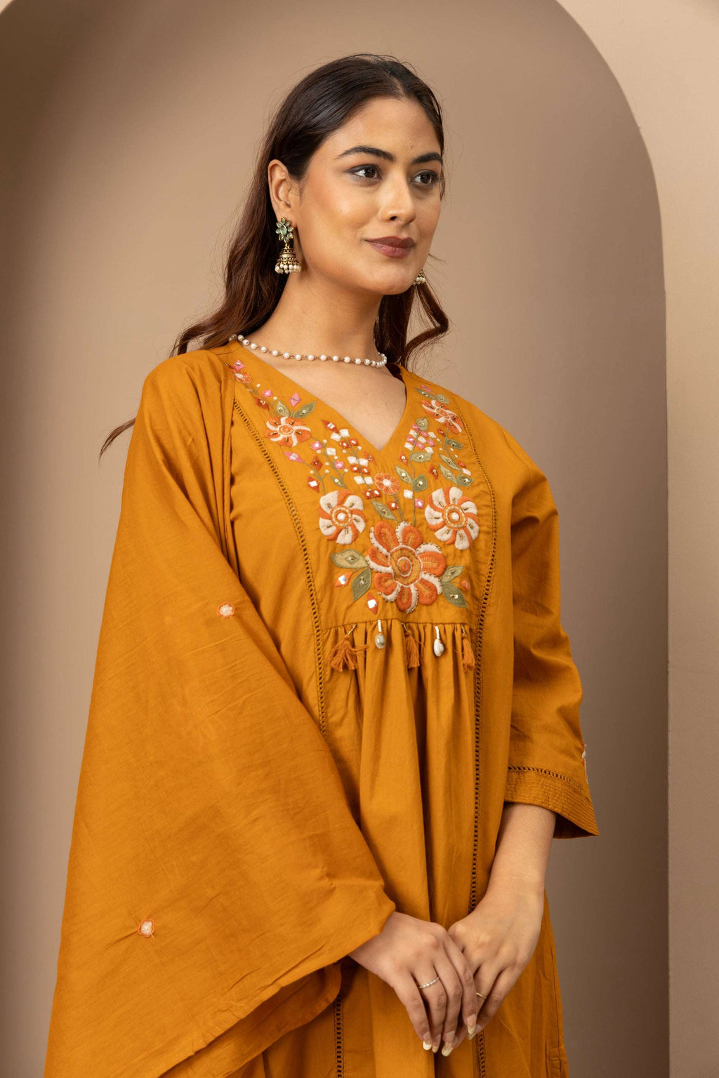 Mustard Floral Embroidered Suit Set