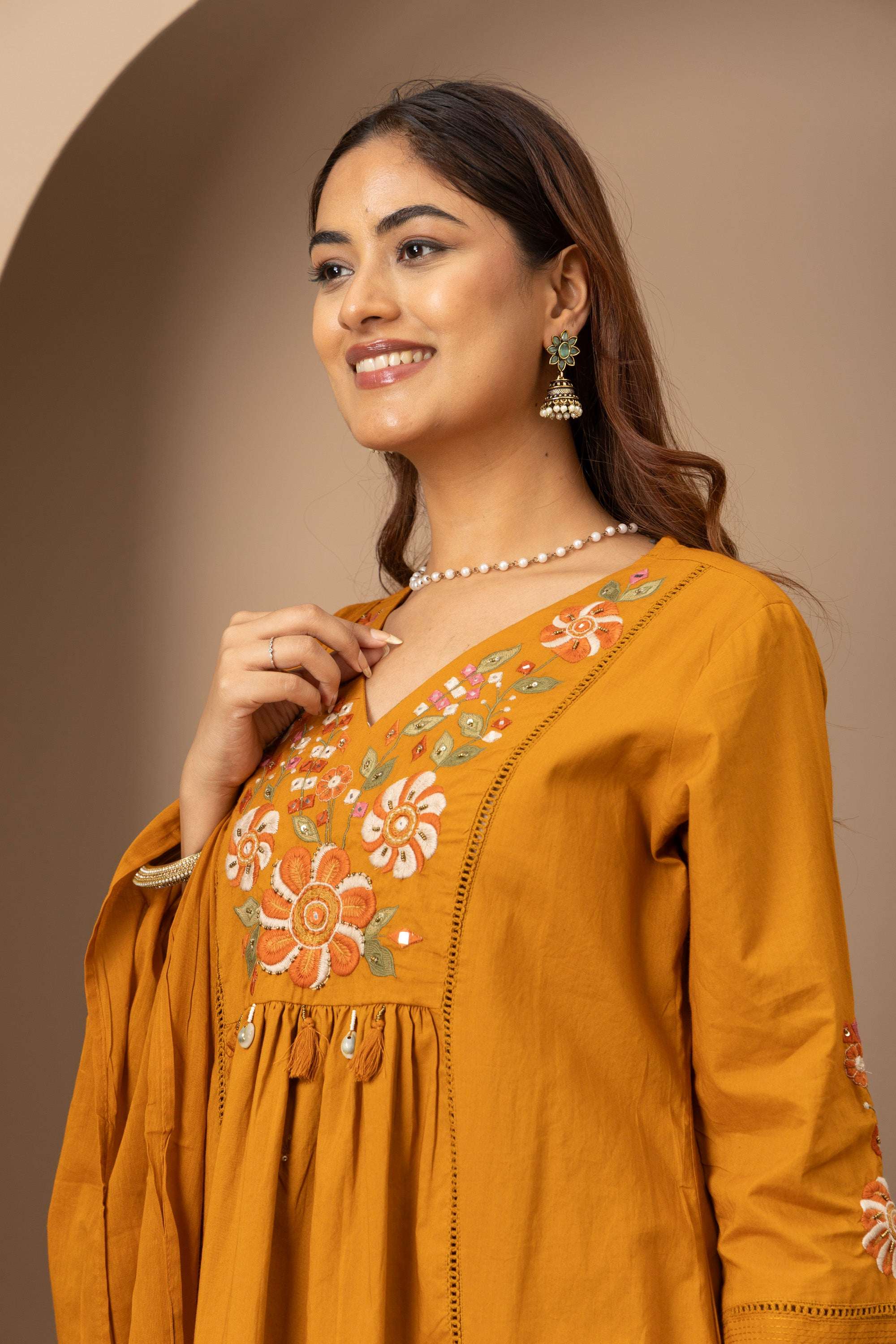 Mustard Floral Embroidered Suit Set
