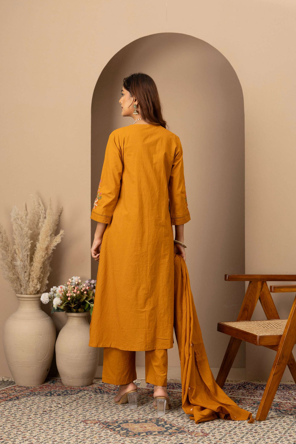 Mustard Floral Embroidered Suit Set