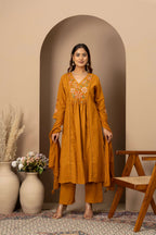 Mustard Floral Embroidered Suit Set
