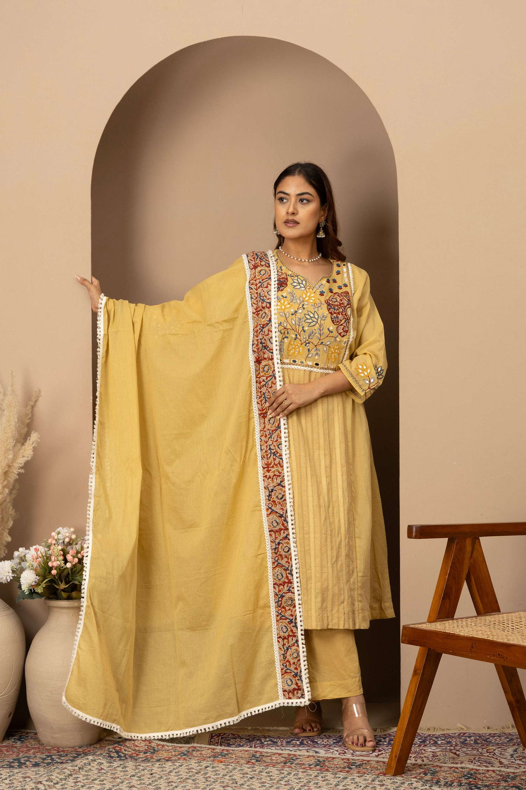Pastel Yellow Embroidered Suit Set