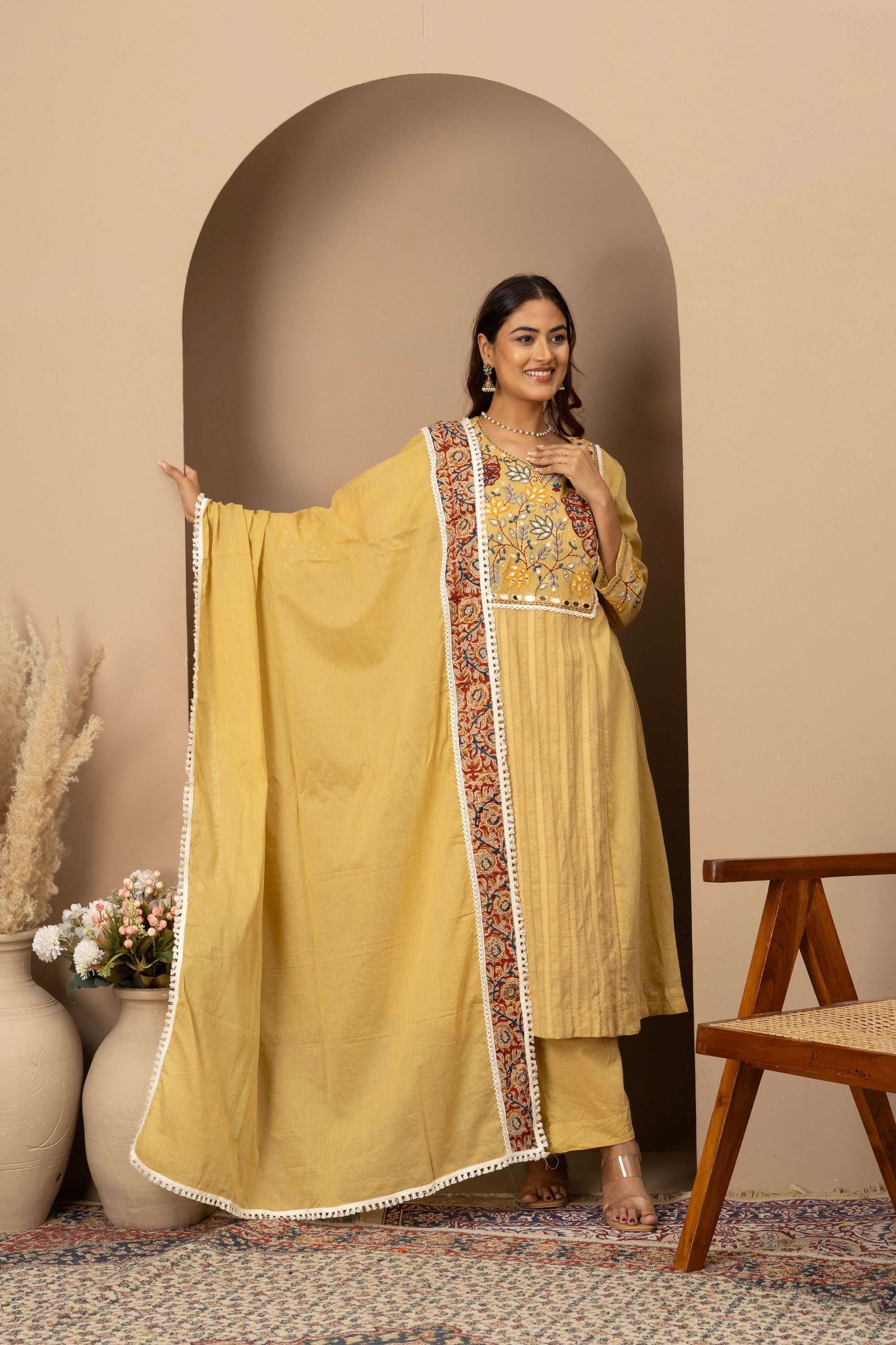Pastel Yellow Embroidered Suit Set
