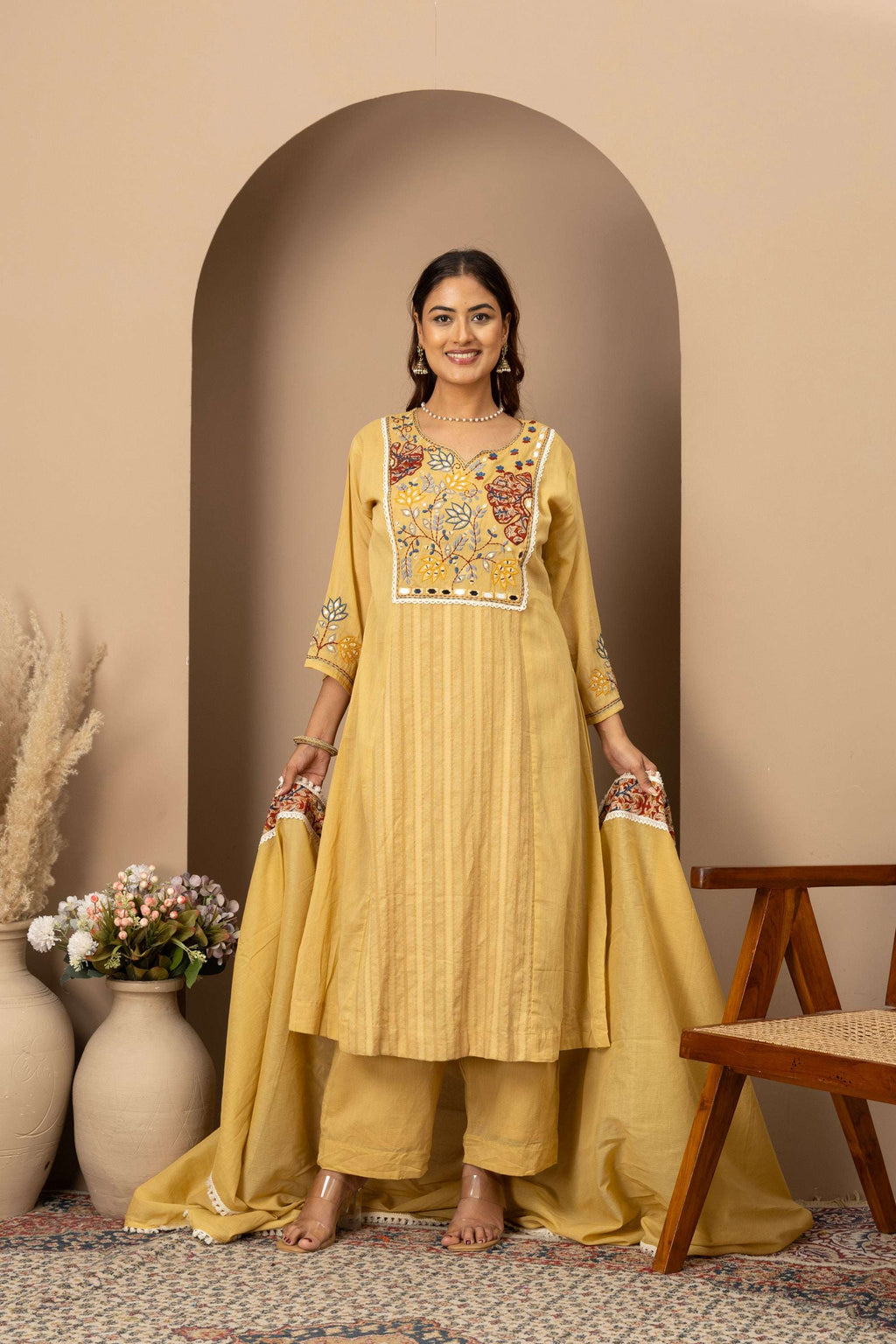 Pastel Yellow Embroidered Suit Set