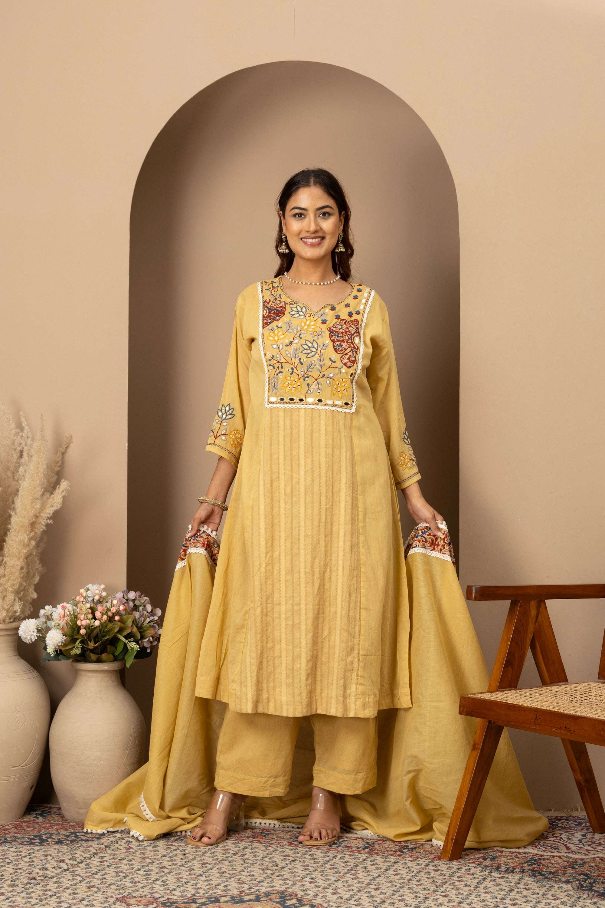 Pastel Yellow Embroidered Suit Set