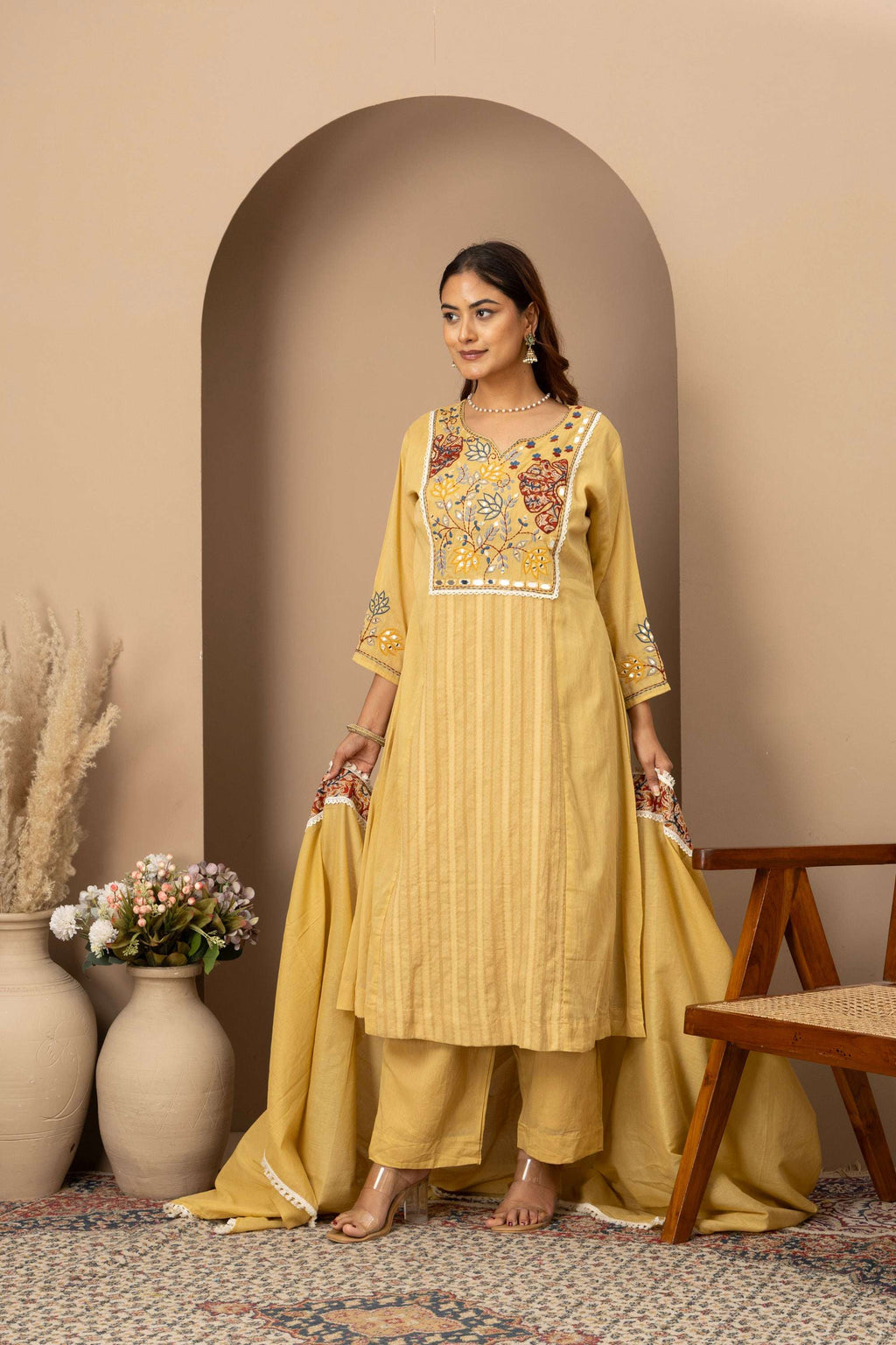 Pastel Yellow Embroidered Suit Set