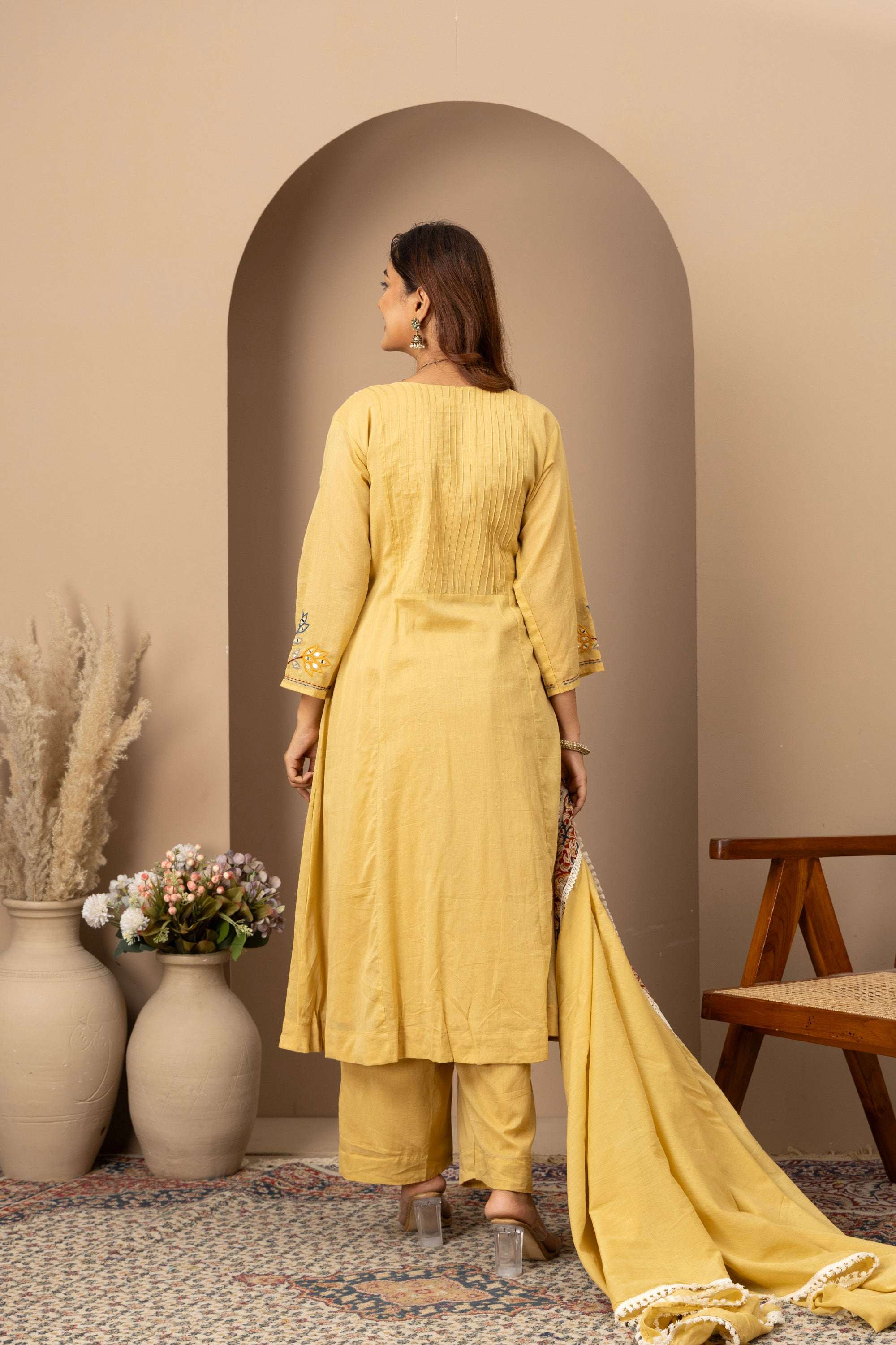 Pastel Yellow Embroidered Suit Set