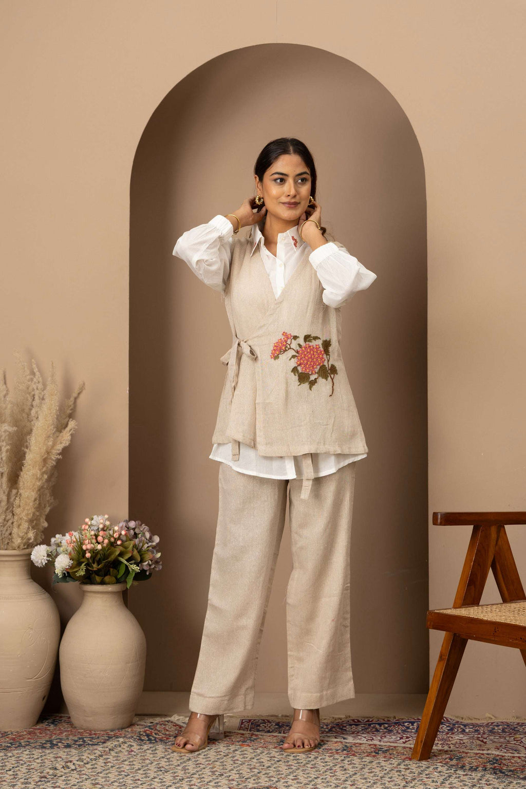 Beige Embroidered Co-ord Set