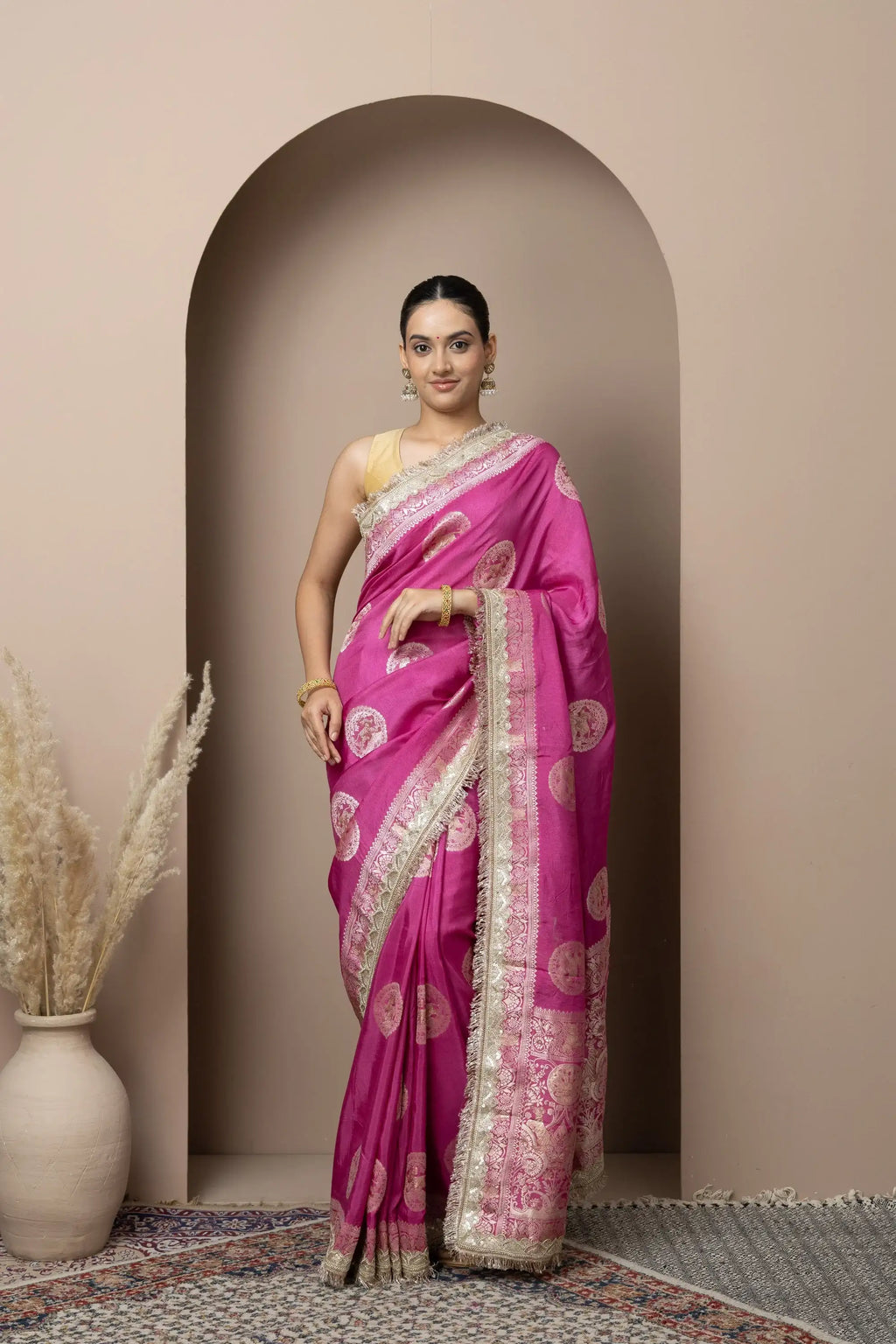 Rani Pink Saree with Regal Gold Zari Work