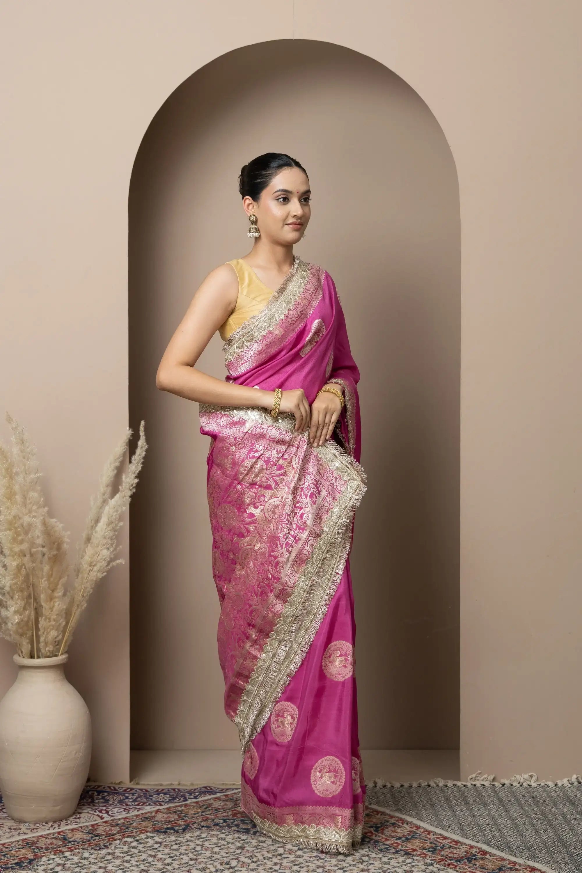 Rani Pink Saree with Regal Gold Zari Work