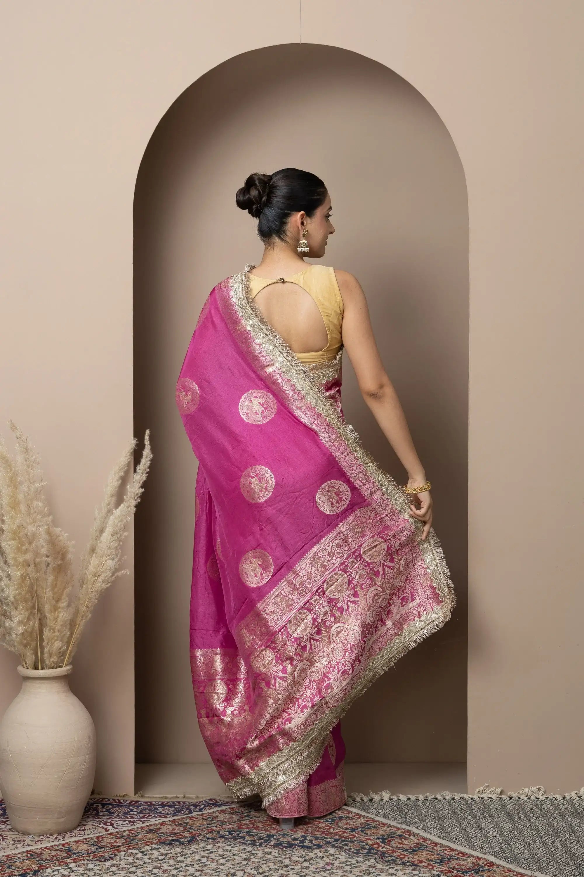 Rani Pink Saree with Regal Gold Zari Work