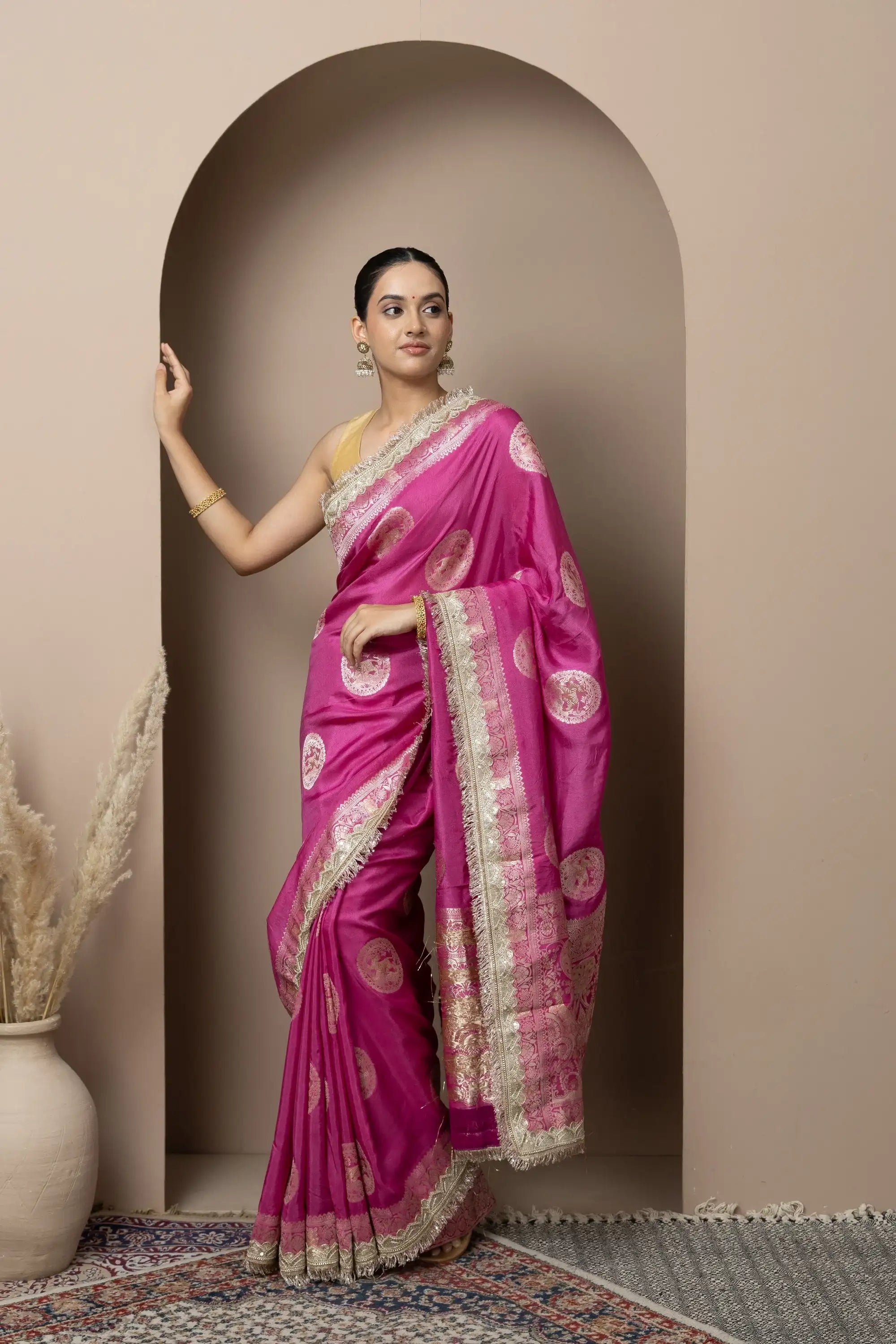 Rani Pink Saree with Regal Gold Zari Work