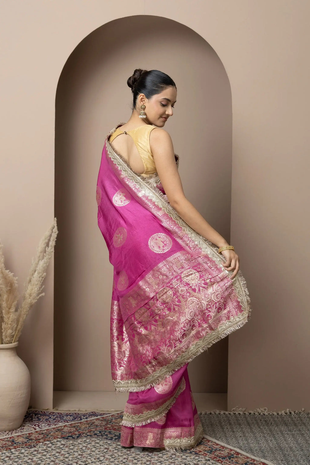 Rani Pink Saree with Regal Gold Zari Work