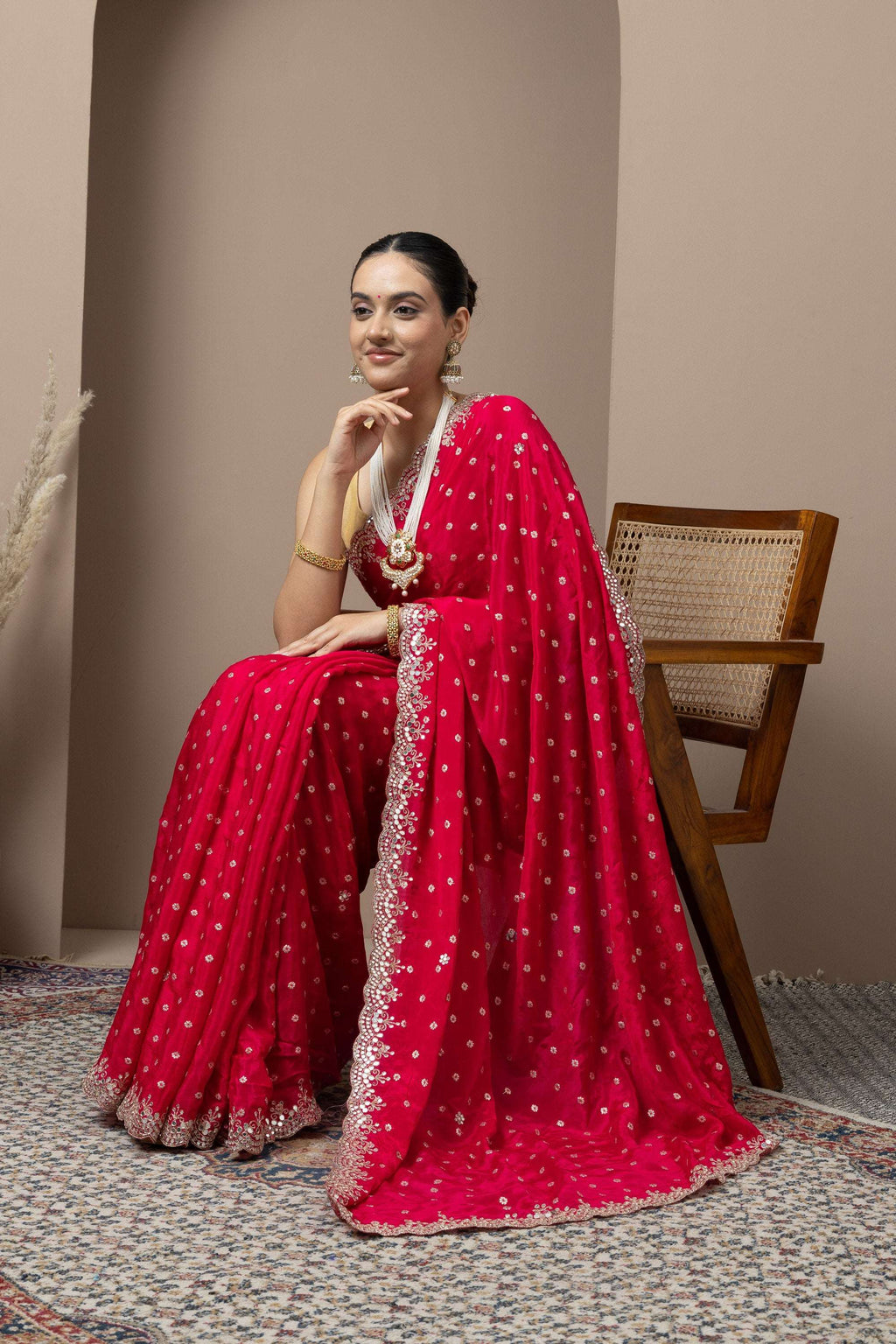 Crimson Red Saree with Delicate Gold Buti Work