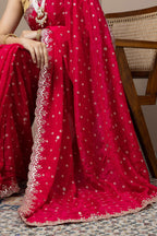 Crimson Red Saree with Delicate Gold Buti Work