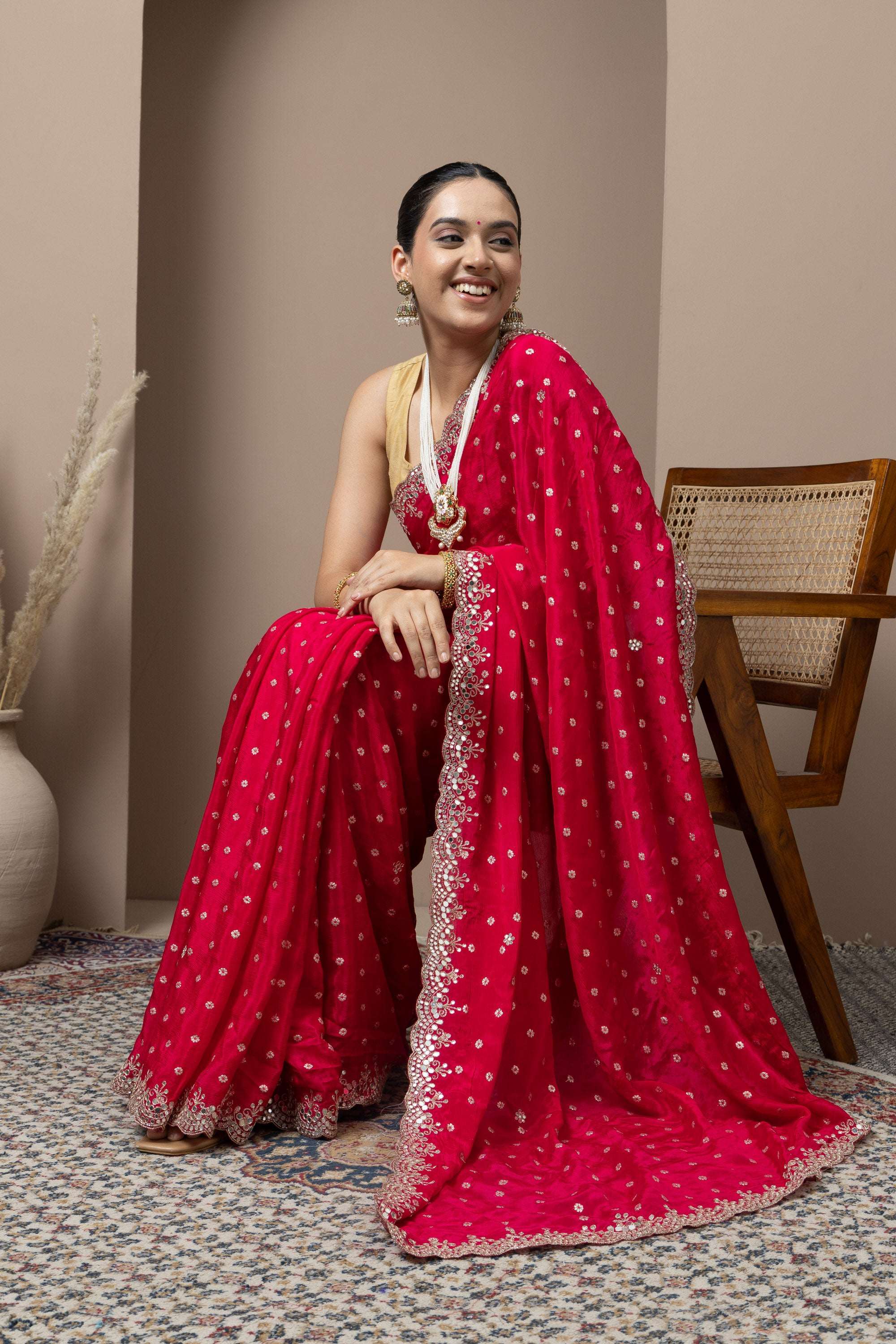 Crimson Red Saree with Delicate Gold Buti Work