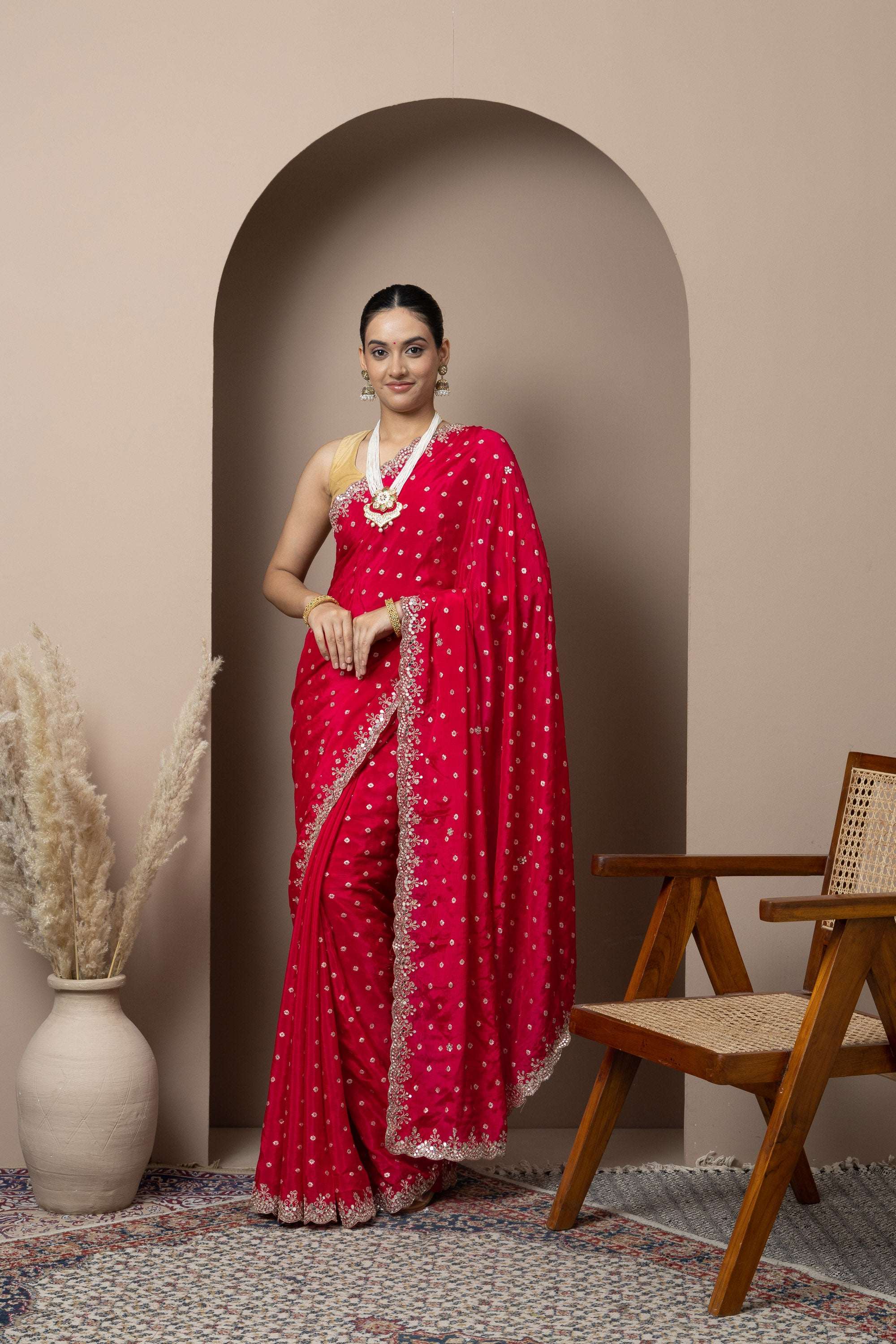 Crimson Red Saree with Delicate Gold Buti Work