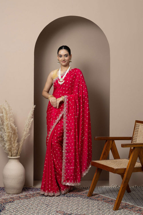 Crimson Red Saree with Delicate Gold Buti Work