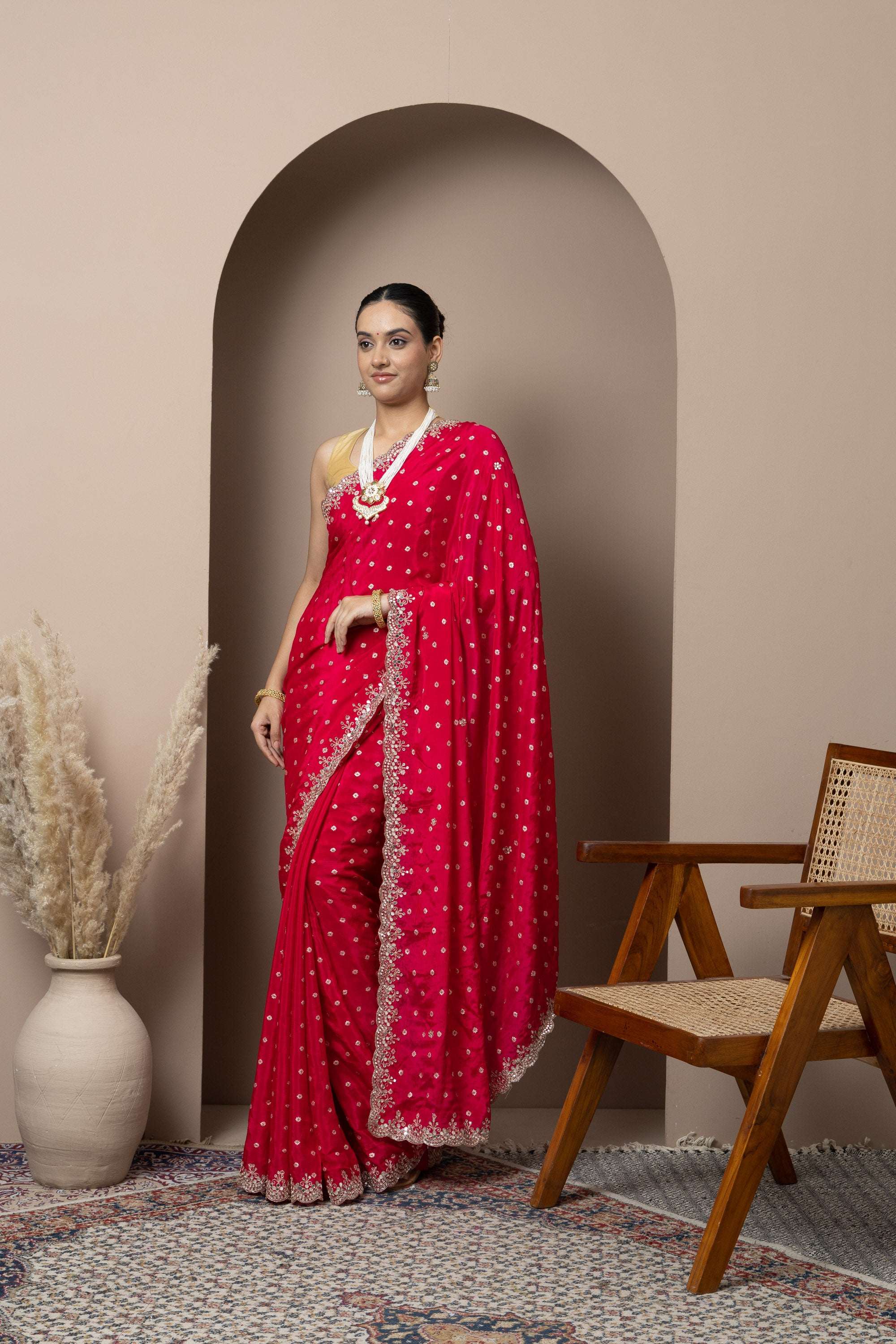 Crimson Red Saree with Delicate Gold Buti Work