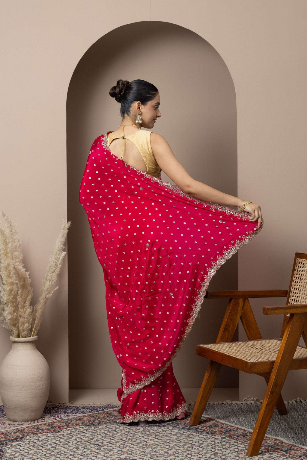 Crimson Red Saree with Delicate Gold Buti Work