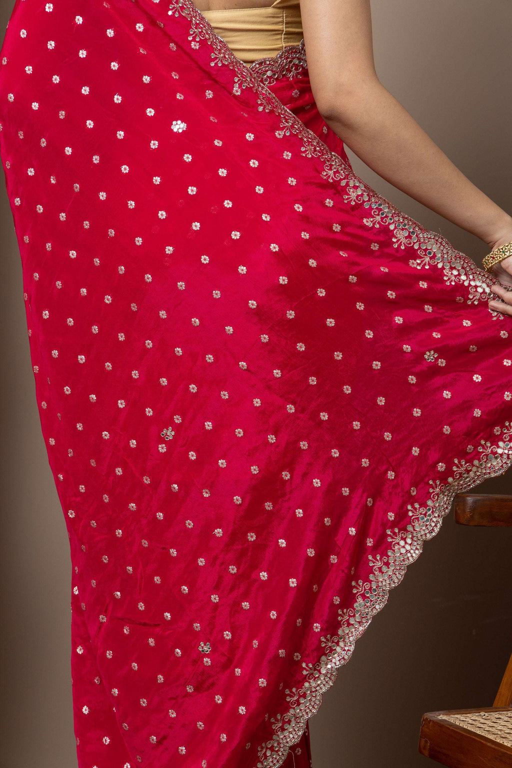 Crimson Red Saree with Delicate Gold Buti Work