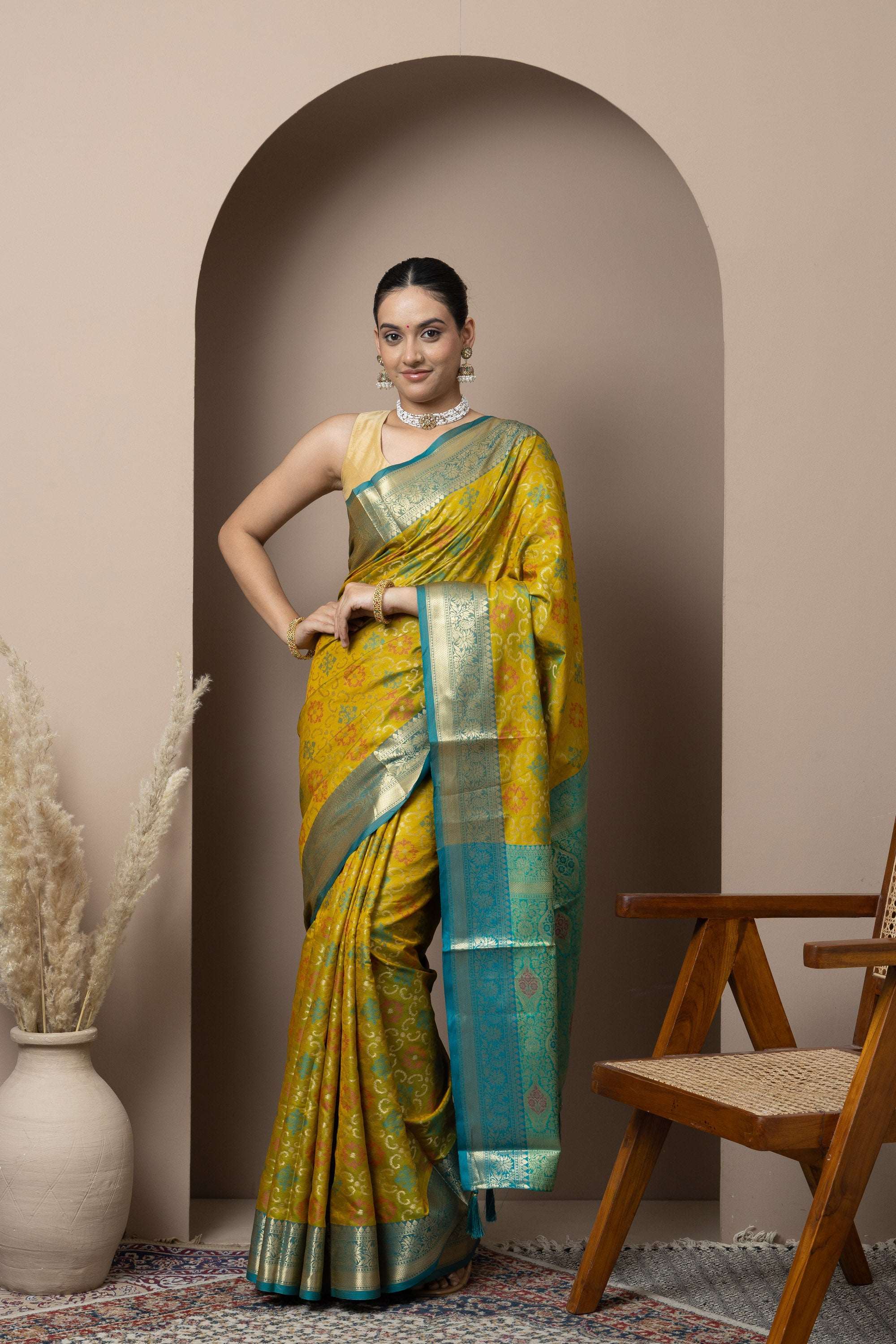 Mustard Yellow Saree with Teal Zari Accents