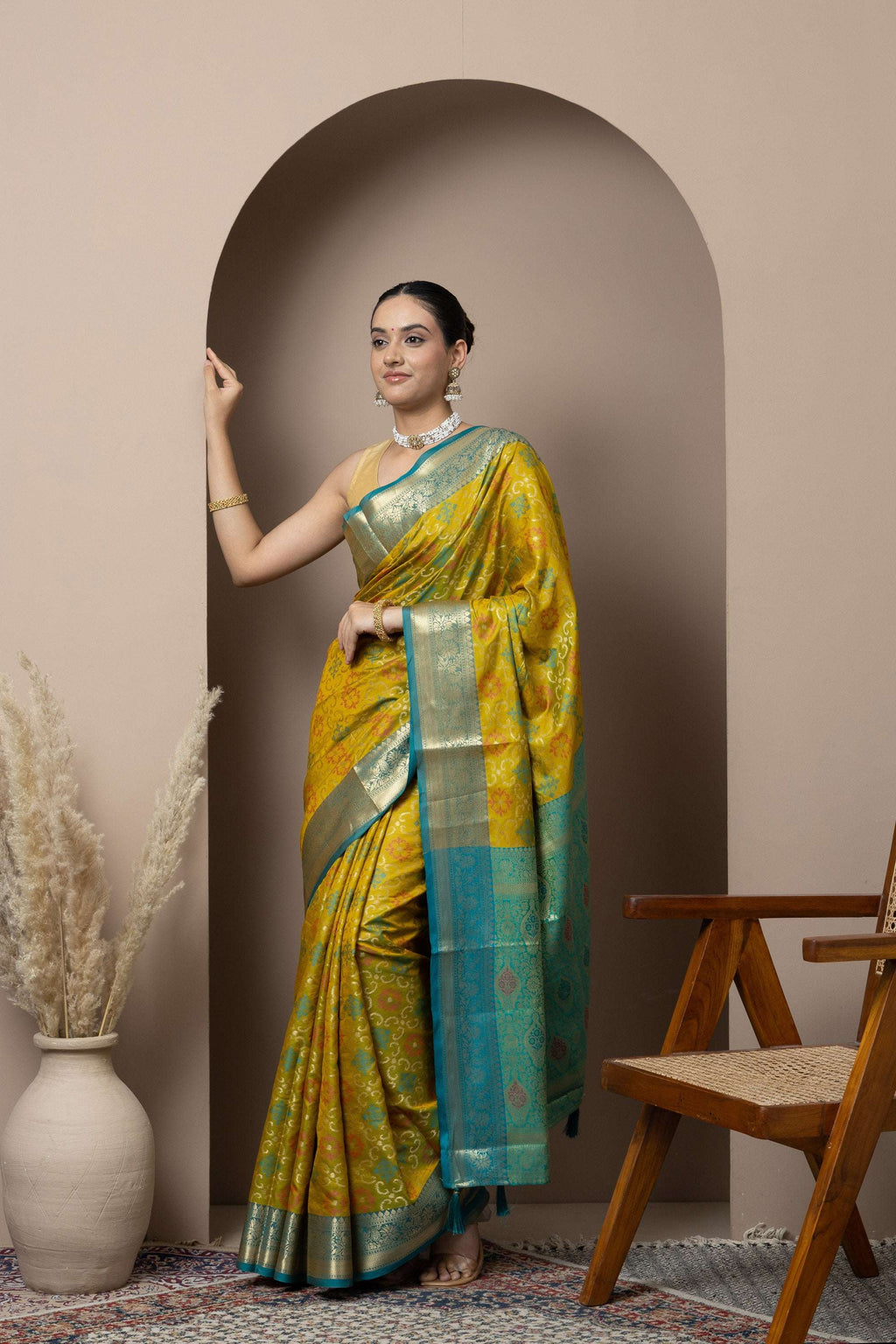 Mustard Yellow Saree with Teal Zari Accents
