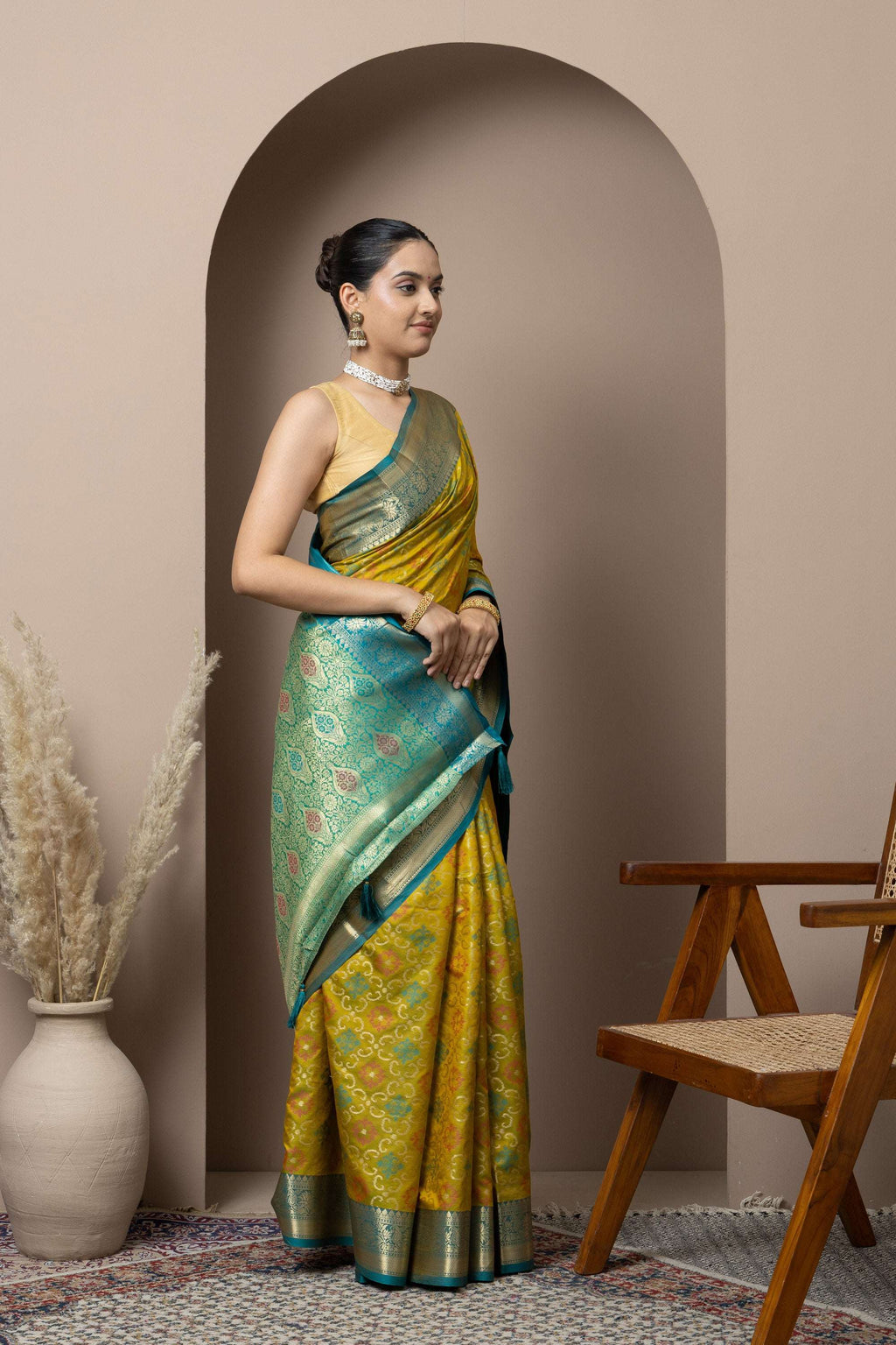 Mustard Yellow Saree with Teal Zari Accents