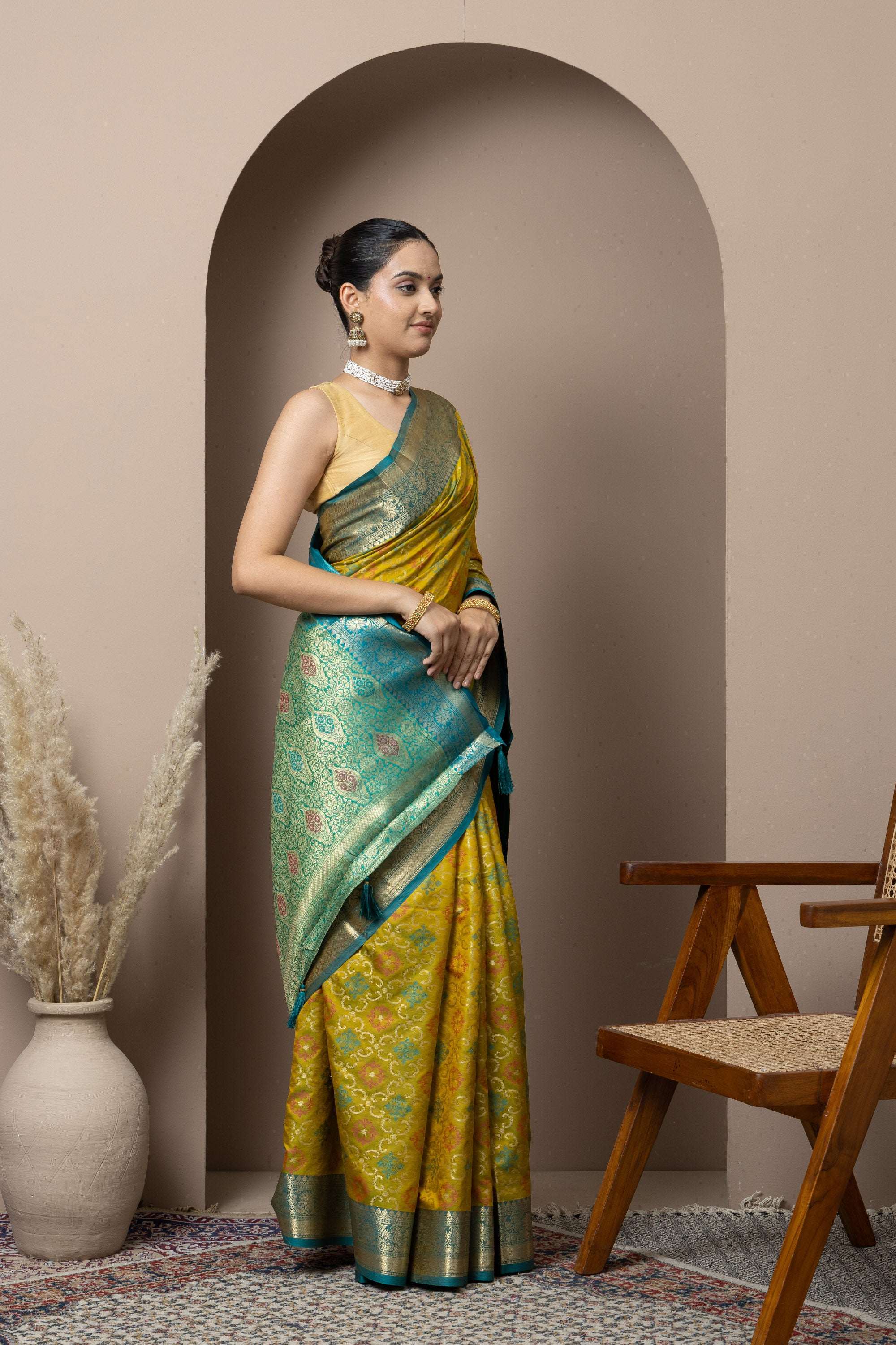Mustard Yellow Saree with Teal Zari Accents