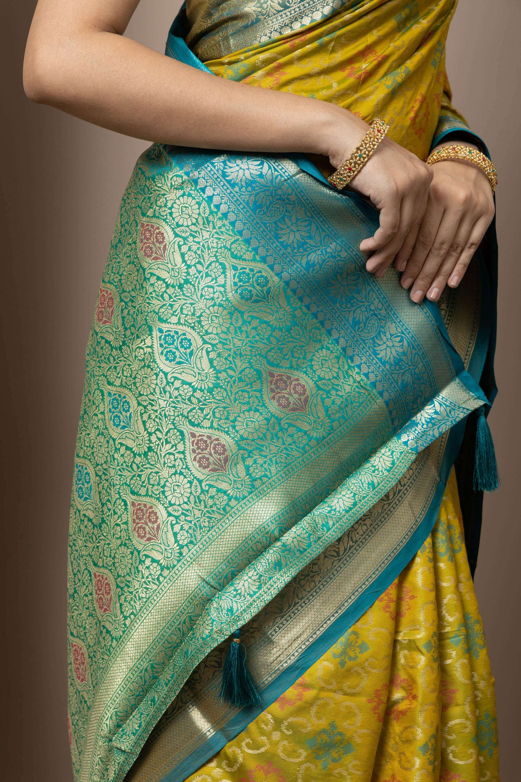 Mustard Yellow Saree with Teal Zari Accents