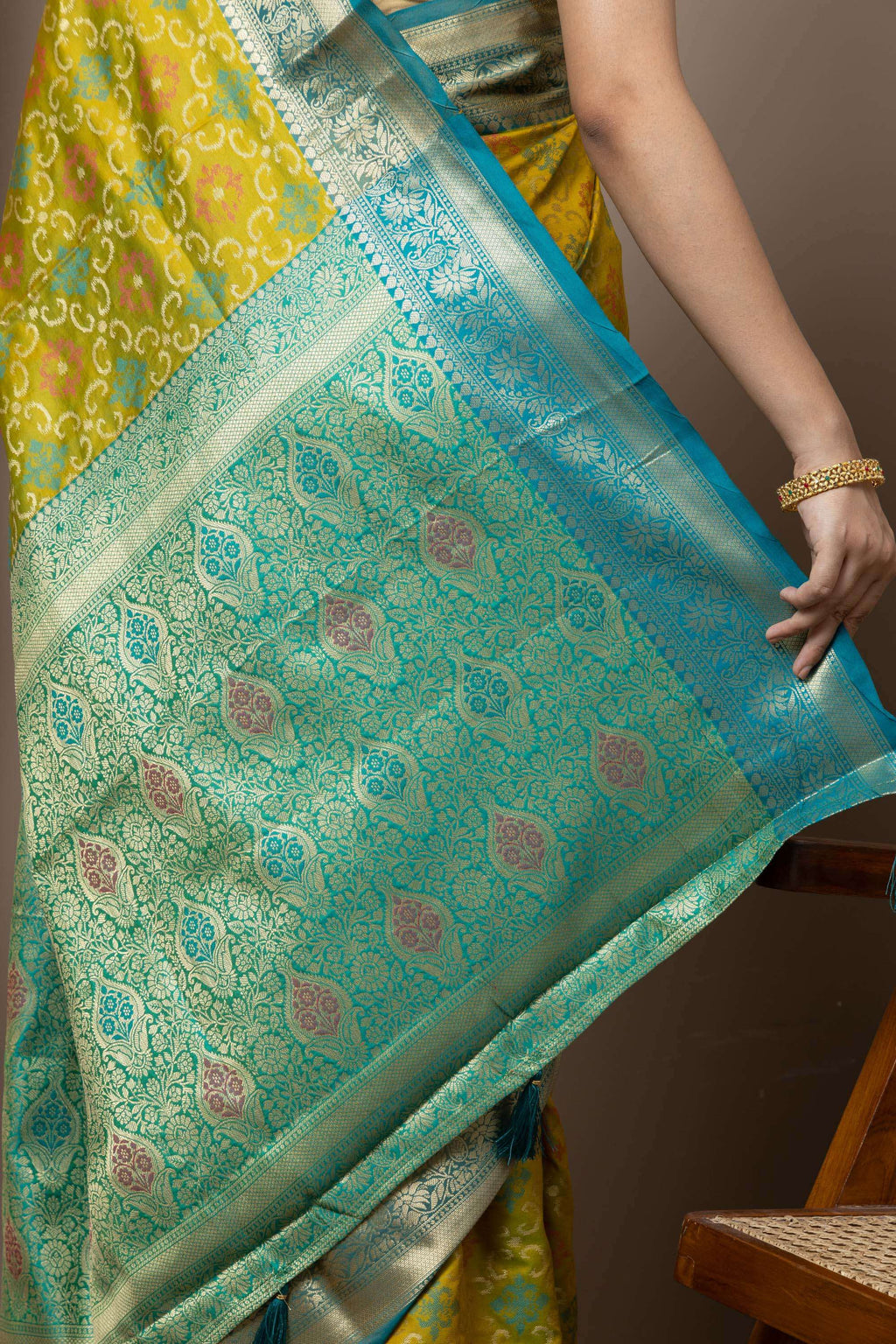 Mustard Yellow Saree with Teal Zari Accents